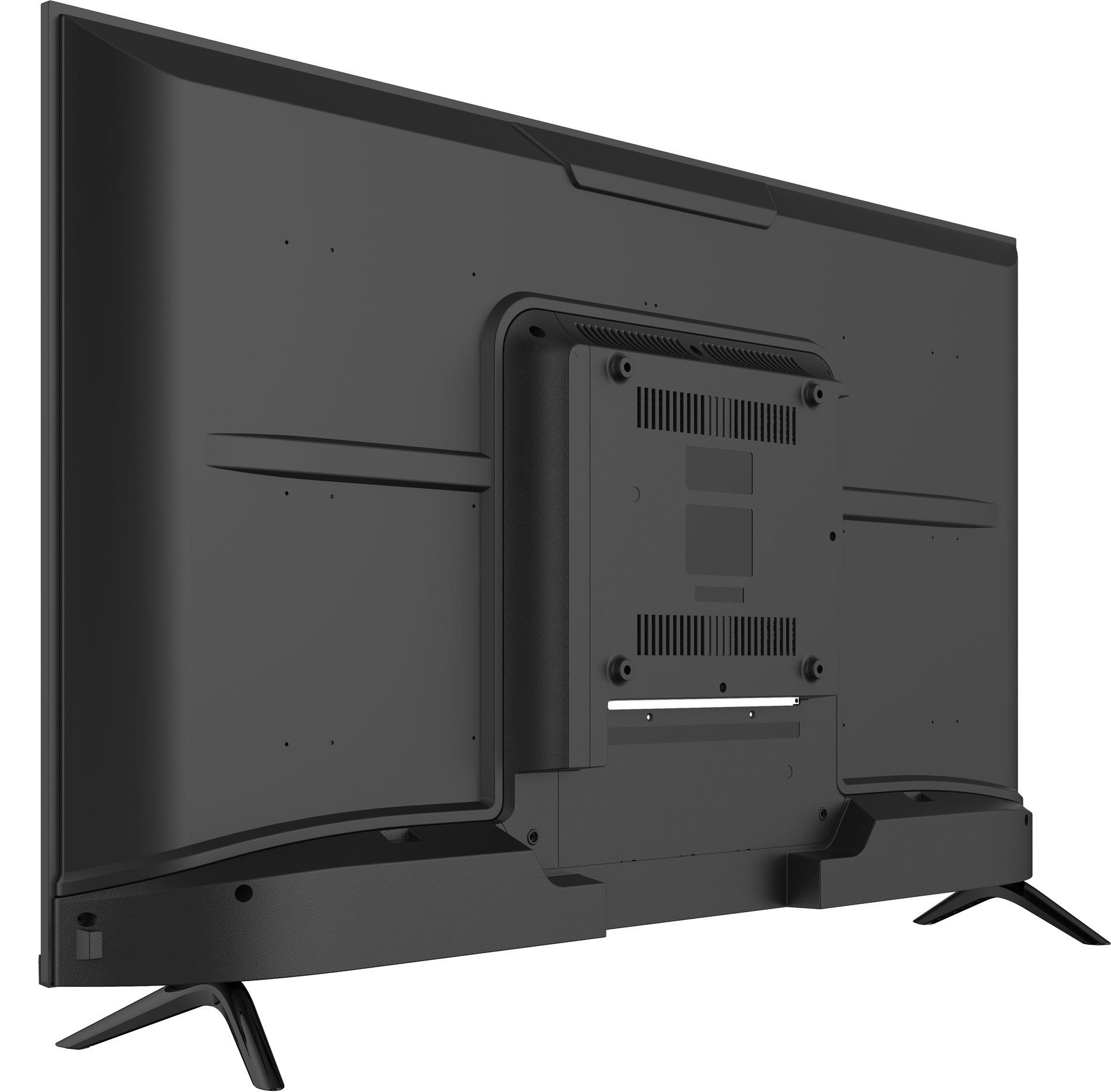 La parte trasera de un televisor de pantalla plana negro. Se ven la base y los puertos de conexión.