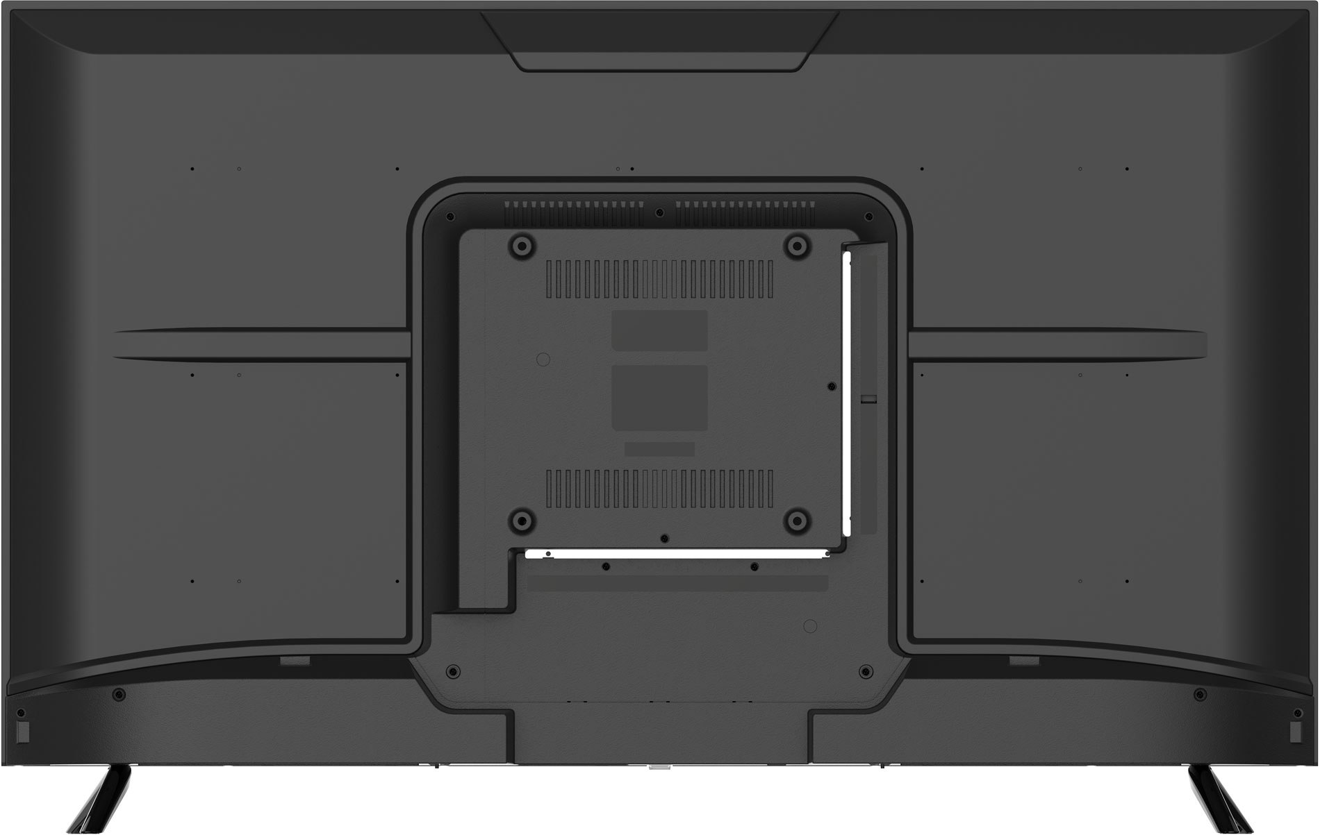 Parte trasera de un televisor de pantalla plana negro con componentes de montaje.