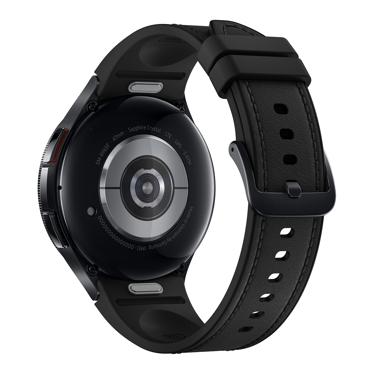 Een zwarte smartwatch, achteraanzicht. De band is zwart leer. De watch is rond.
