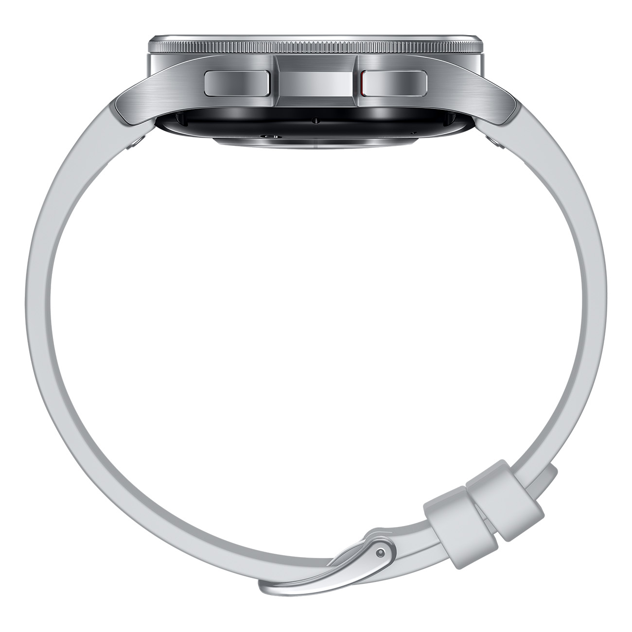 Zilveren smartwatch met een witte band, zijaanzicht, met knoppen en band.