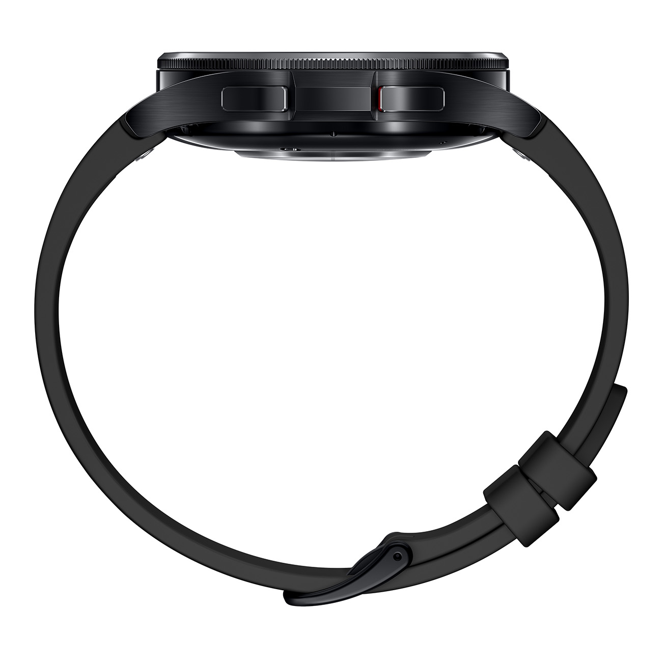 Zwarte smartwatch. Het horloge heeft een zwarte band, een ronde wijzerplaat en twee knoppen aan de zijkant.