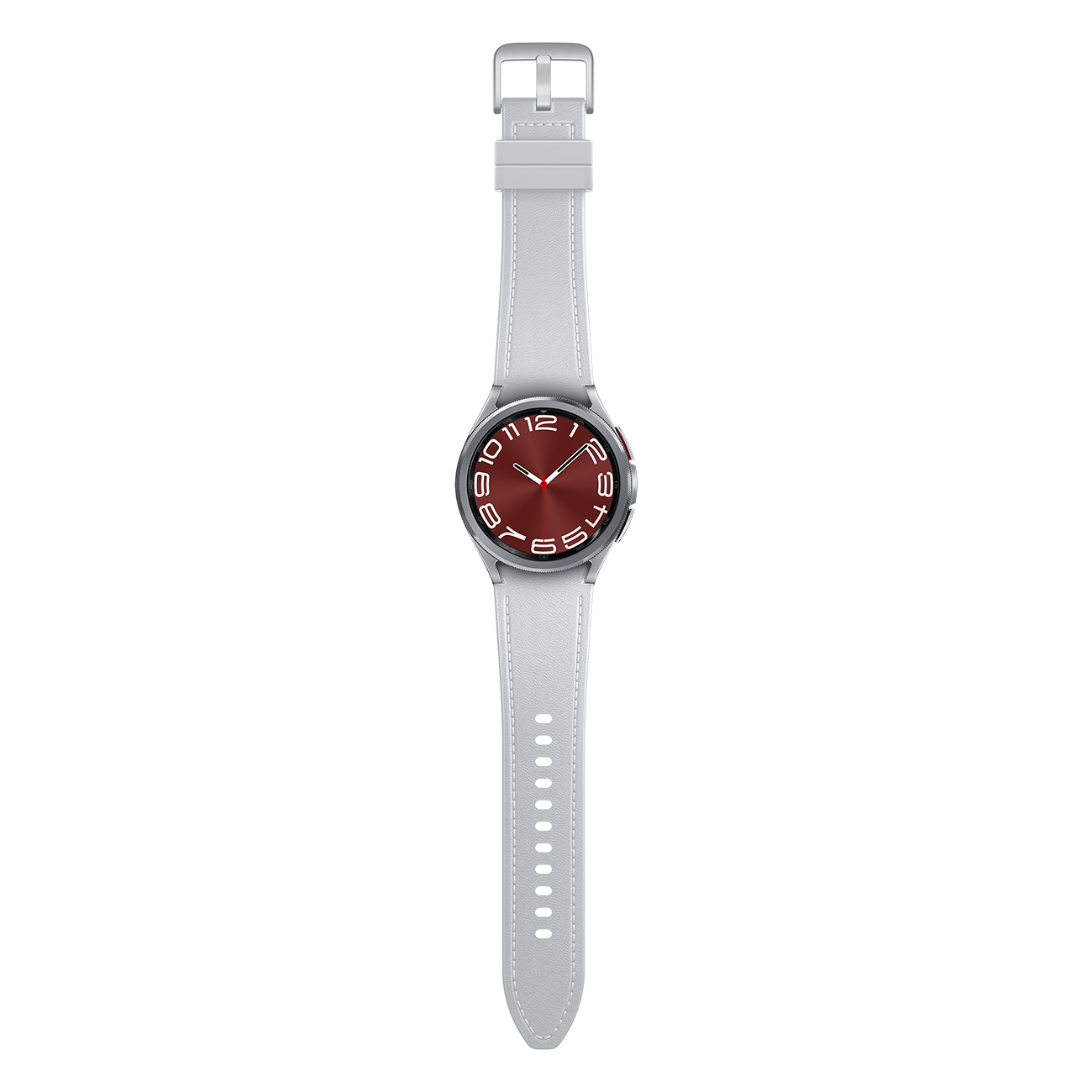 Een zilveren smartwatch met een rode wijzerplaat en een witte band.