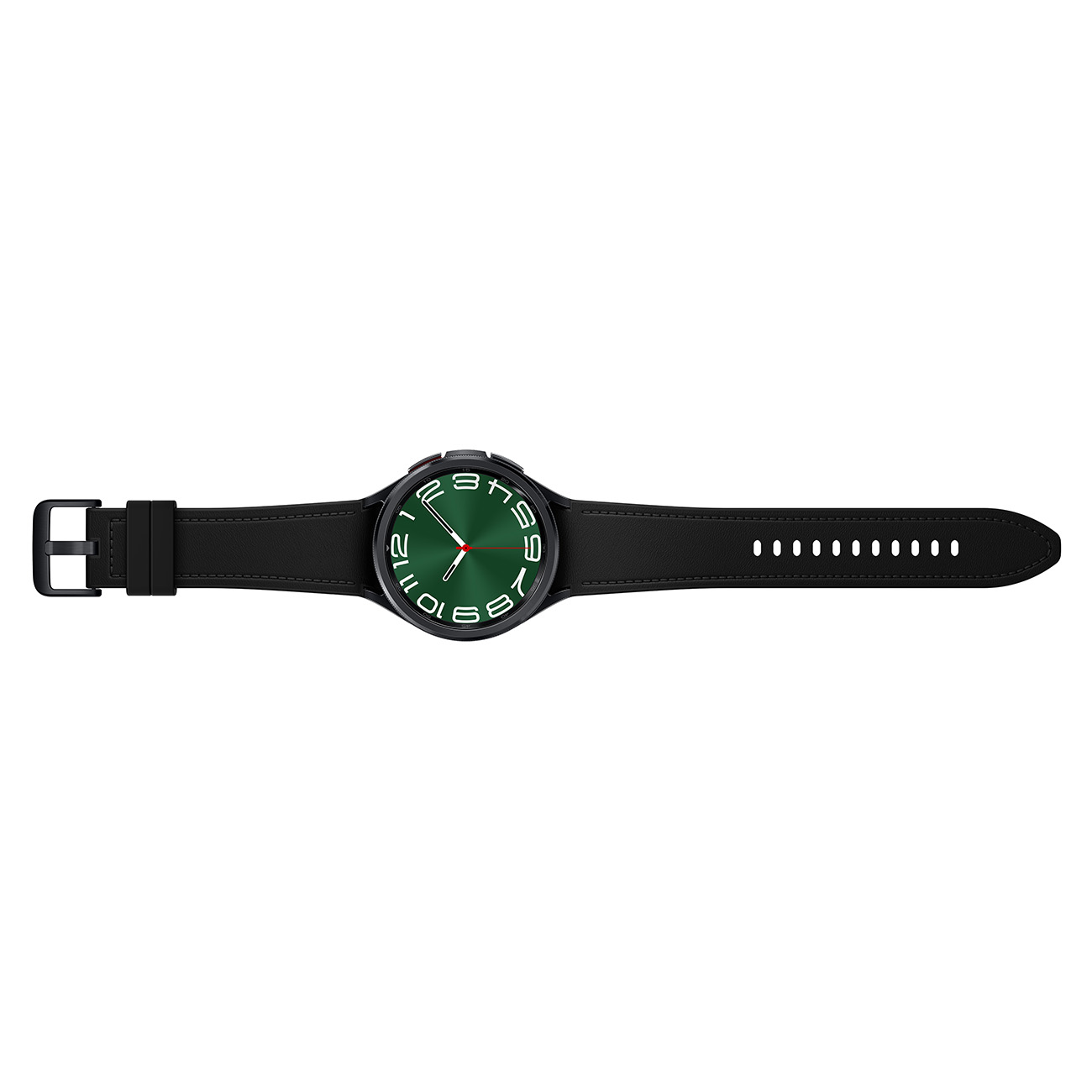Een zwarte smartwatch met een groene wijzerplaat en een zwarte band. Witte achtergrond.