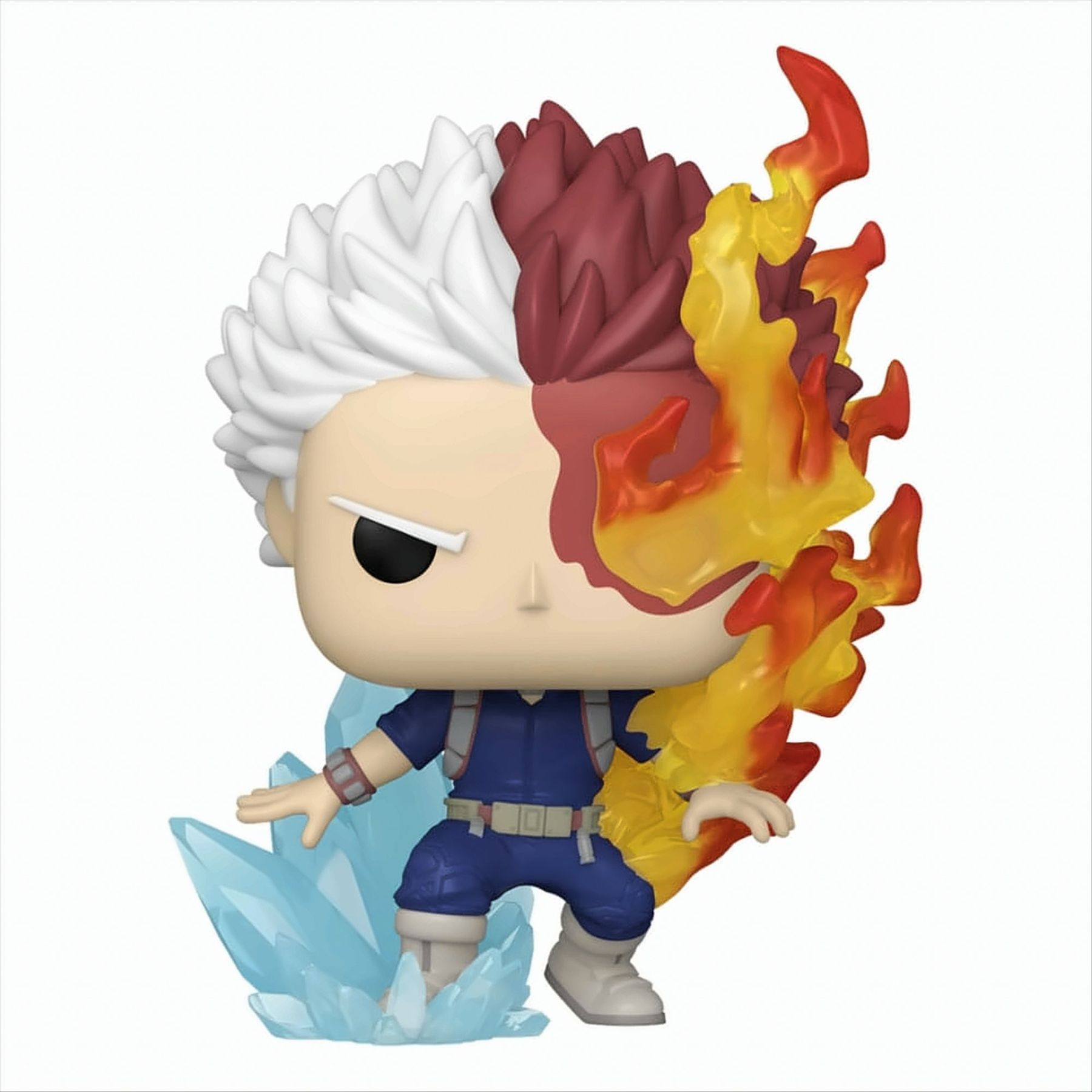 Funko Pop Figur einer Figur mit halb weißem und rotem Haar sowie Feuer- und Eis-Effekten.