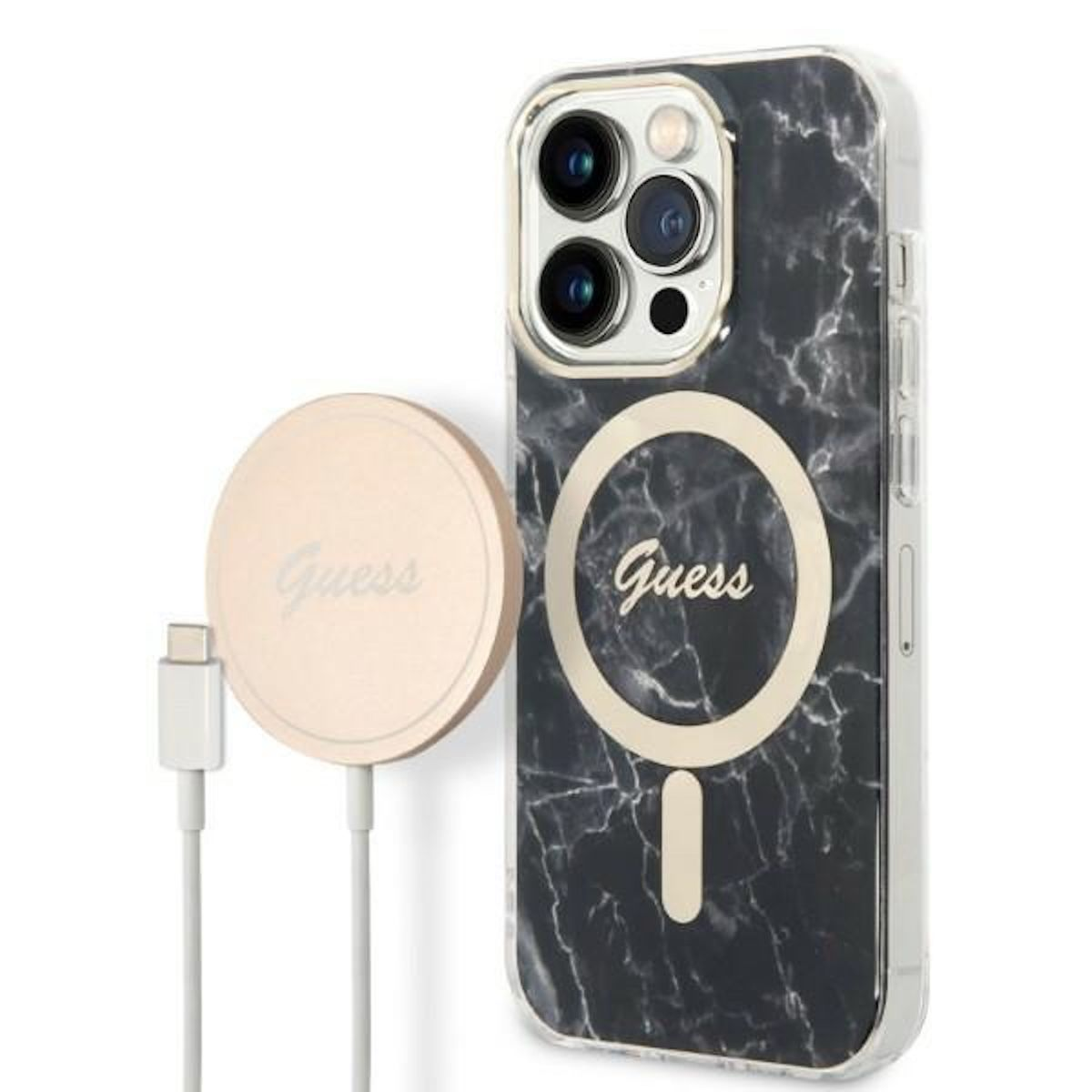 Custodia per telefono nera e marmorizzata con caricatore wireless. Marchio Guess.