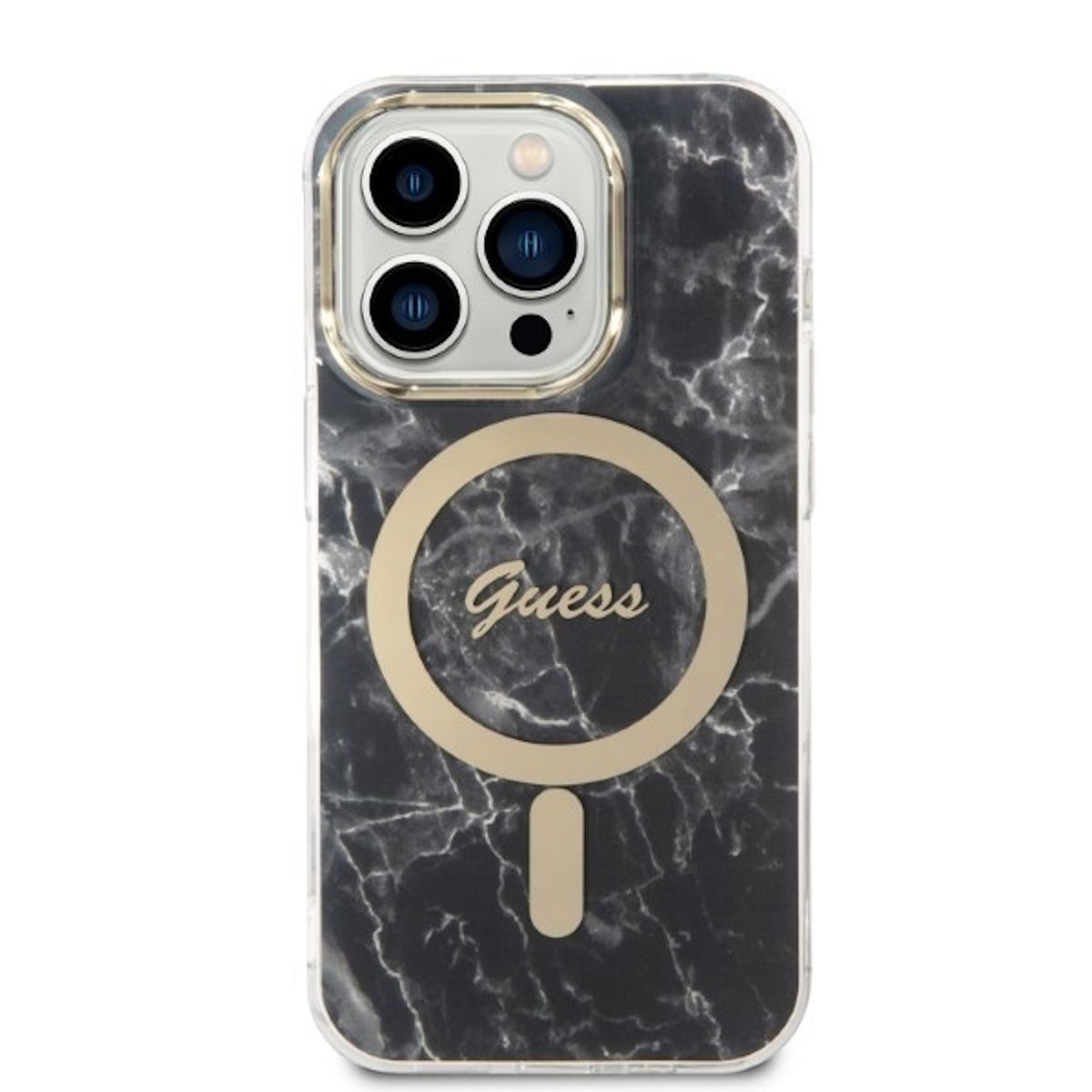Custodia per smartphone con design marmorizzato e anello color oro con il logo Guess.