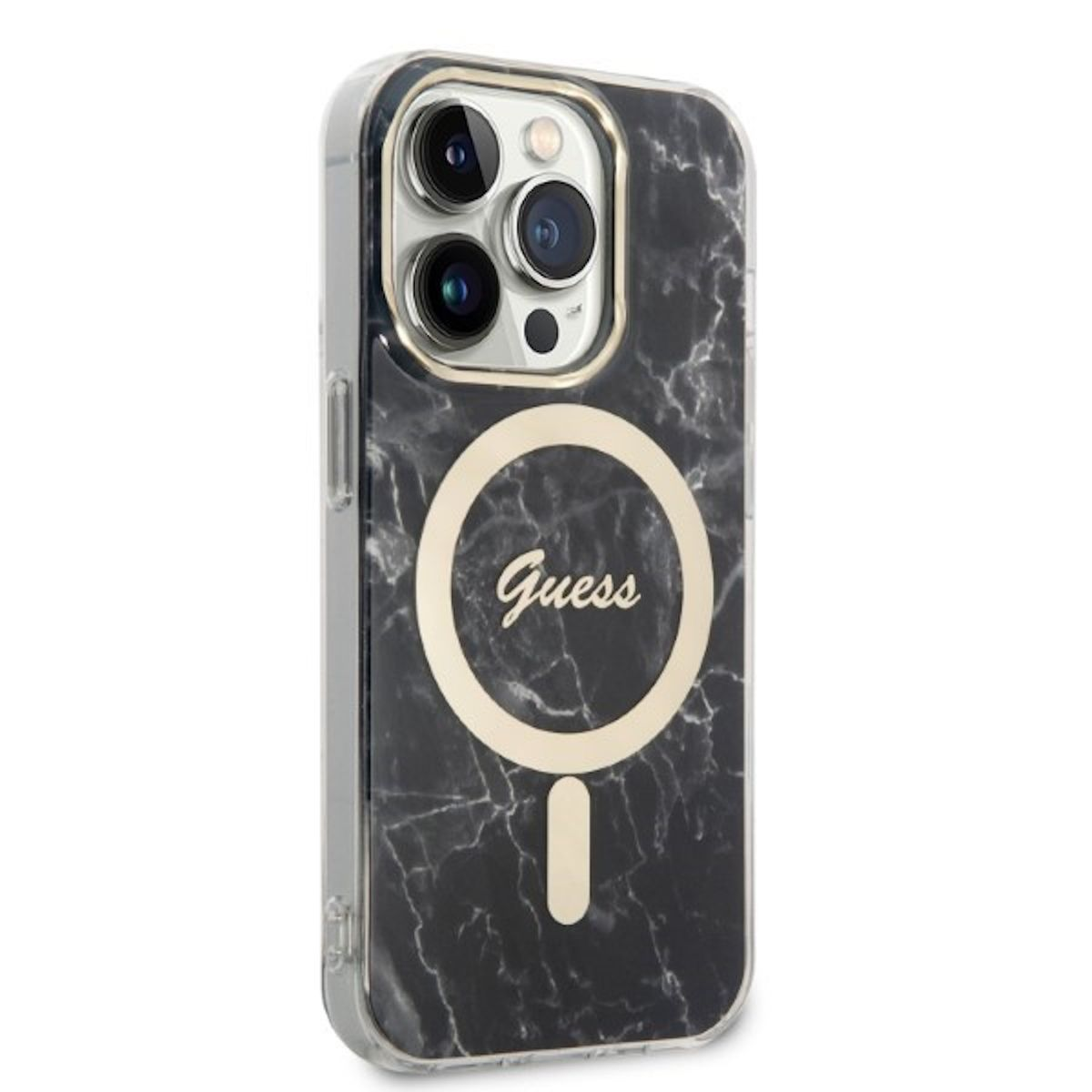 Una custodia per telefono nera e con motivi marmorei con un cerchio dorato e il logo Guess.