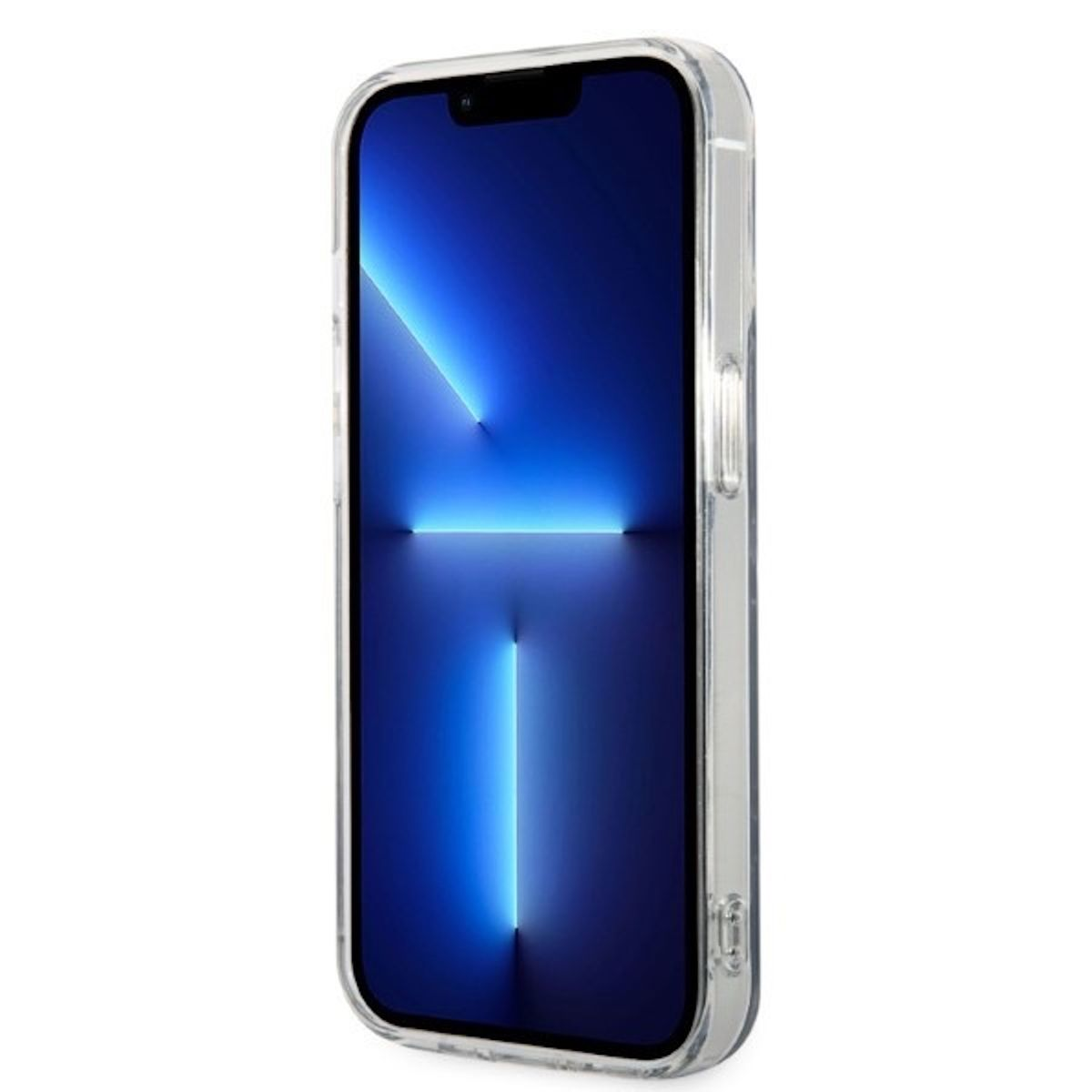 Un primo piano di uno smartphone moderno all'interno di una custodia trasparente. Schermo blu con una linea di luce.