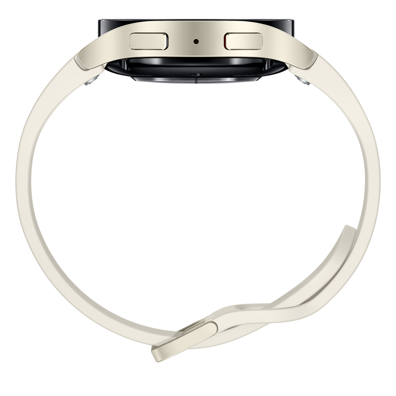 Eine Draufsicht auf eine Smartwatch mit cremefarbenem Armband. Das Armband ist geschlungen.