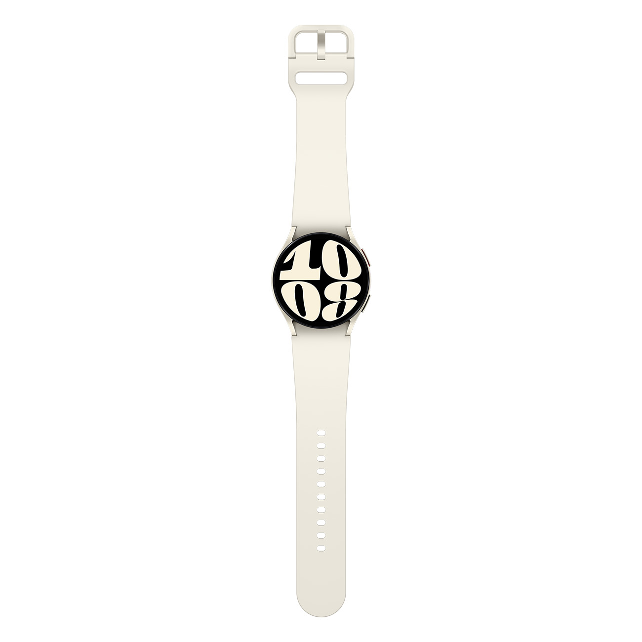 Eine weiße Smartwatch mit cremefarbenem Armband. Das Zifferblatt zeigt die Uhrzeit 10:08 in Schwarz an.