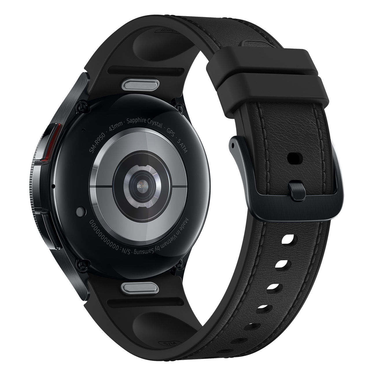 Een zwarte smartwatch met een zwarte leren band. De achterkant toont details.