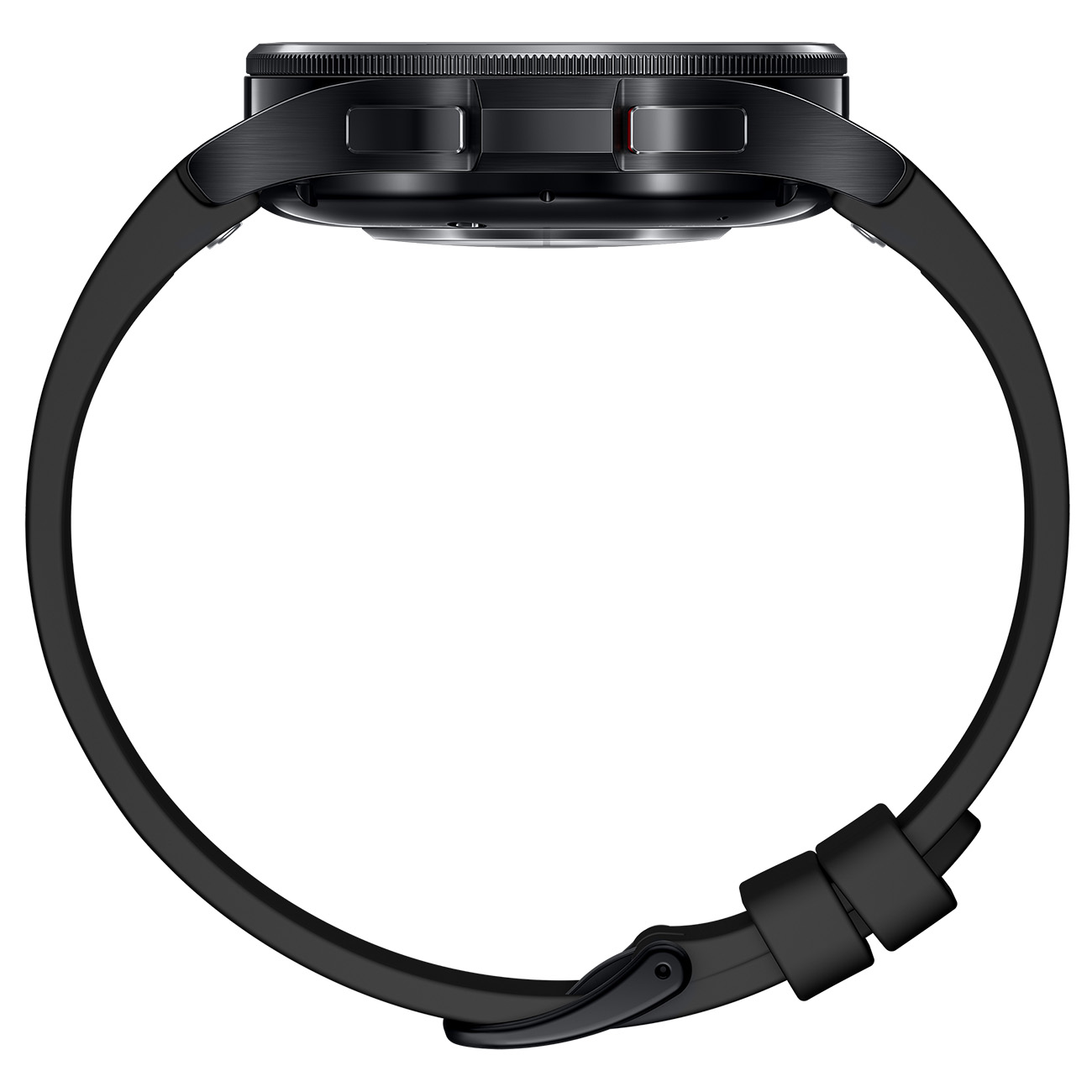 Een zwarte smartwatch met een zwarte band. De horloge wordt van de zijkant bekeken.