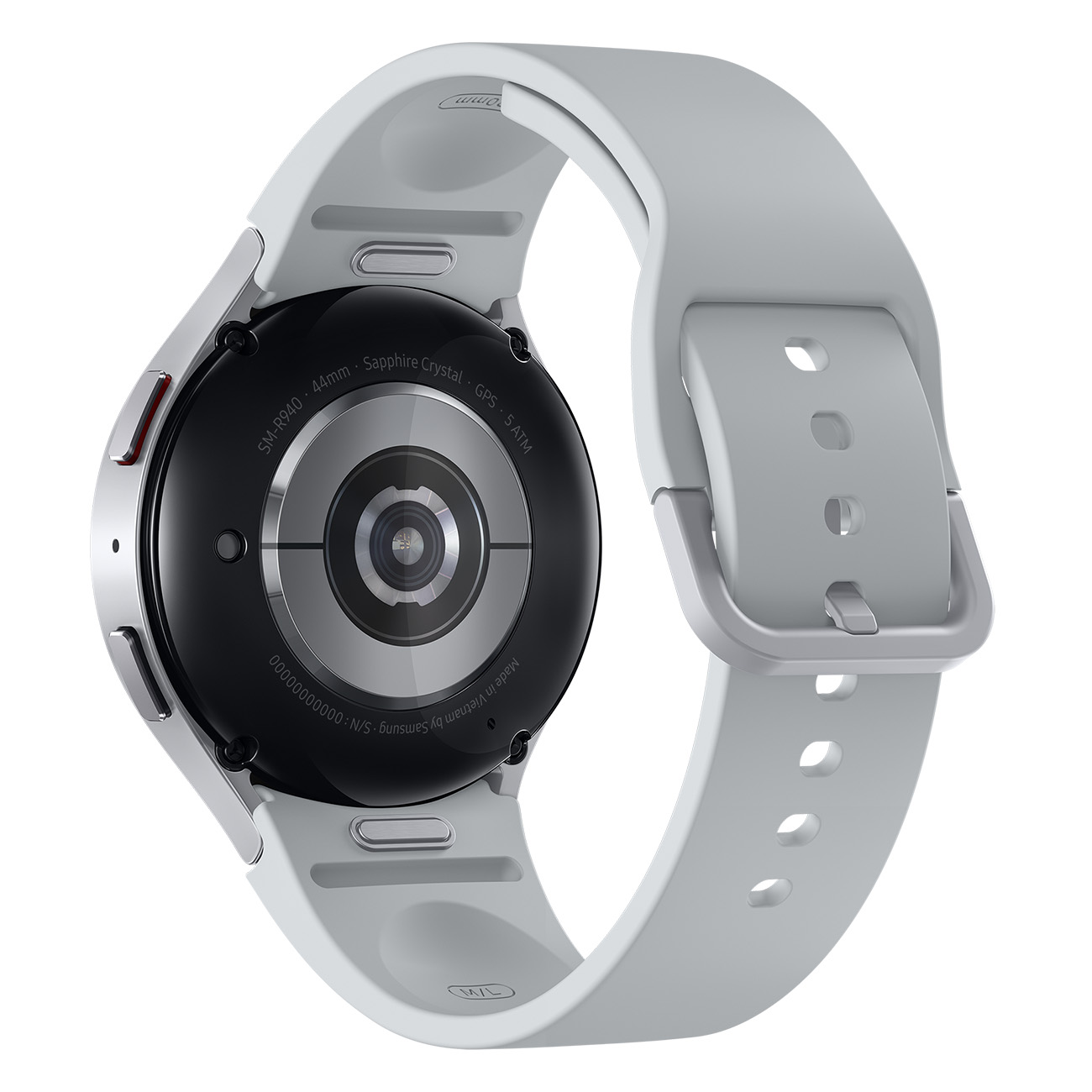Een zilveren smartwatch met een witte band. De achterkant van het horloge is zichtbaar.