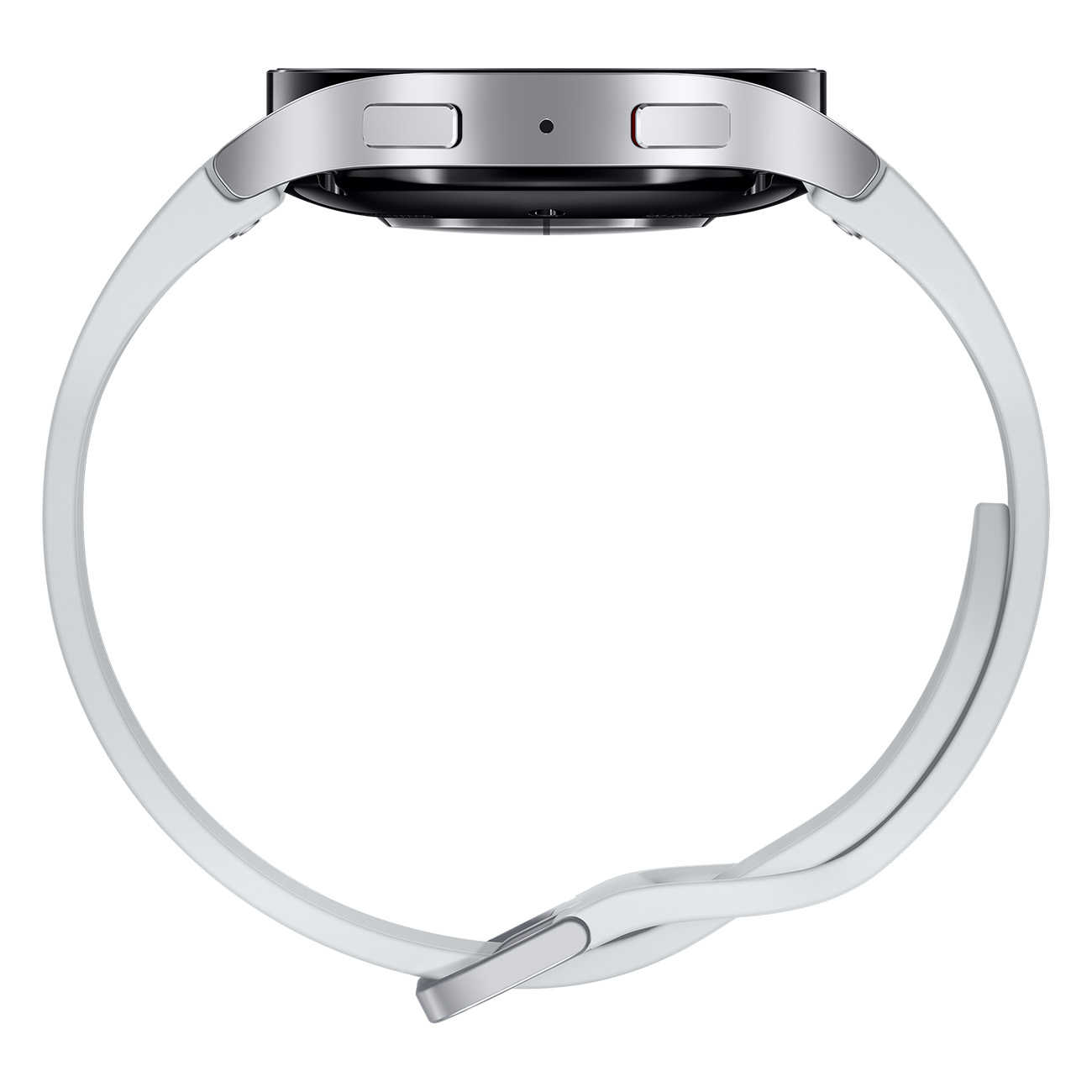 Zijaanzicht van een zilveren smartwatch met een witte band.