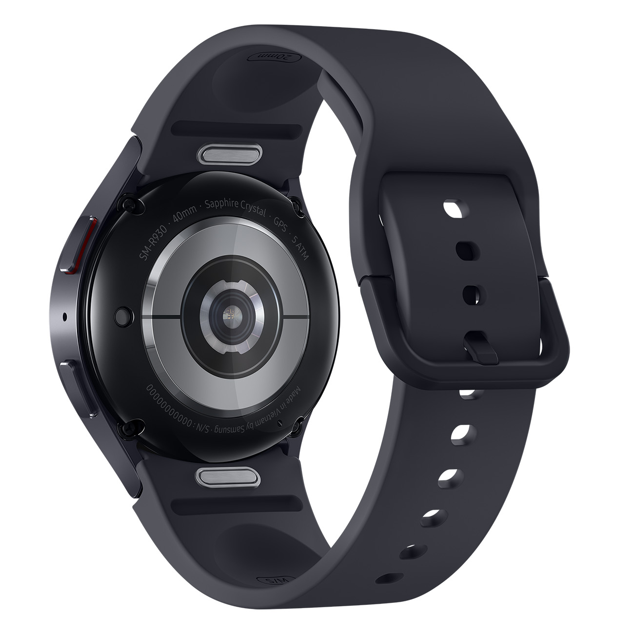 Eine schwarze Smartwatch mit dunkelgrauem Armband. Auf der Rückseite der Uhr befinden sich Text und Sensoren.