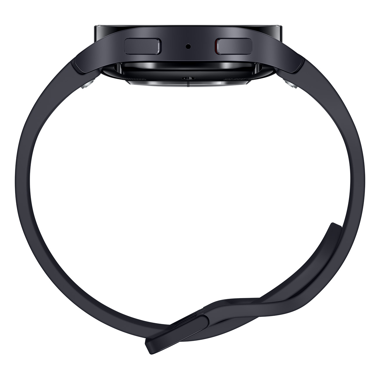 Schwarze Smartwatch mit schwarzem Armband, Seitenansicht. Zwei Knöpfe oben. Weißer Hintergrund.