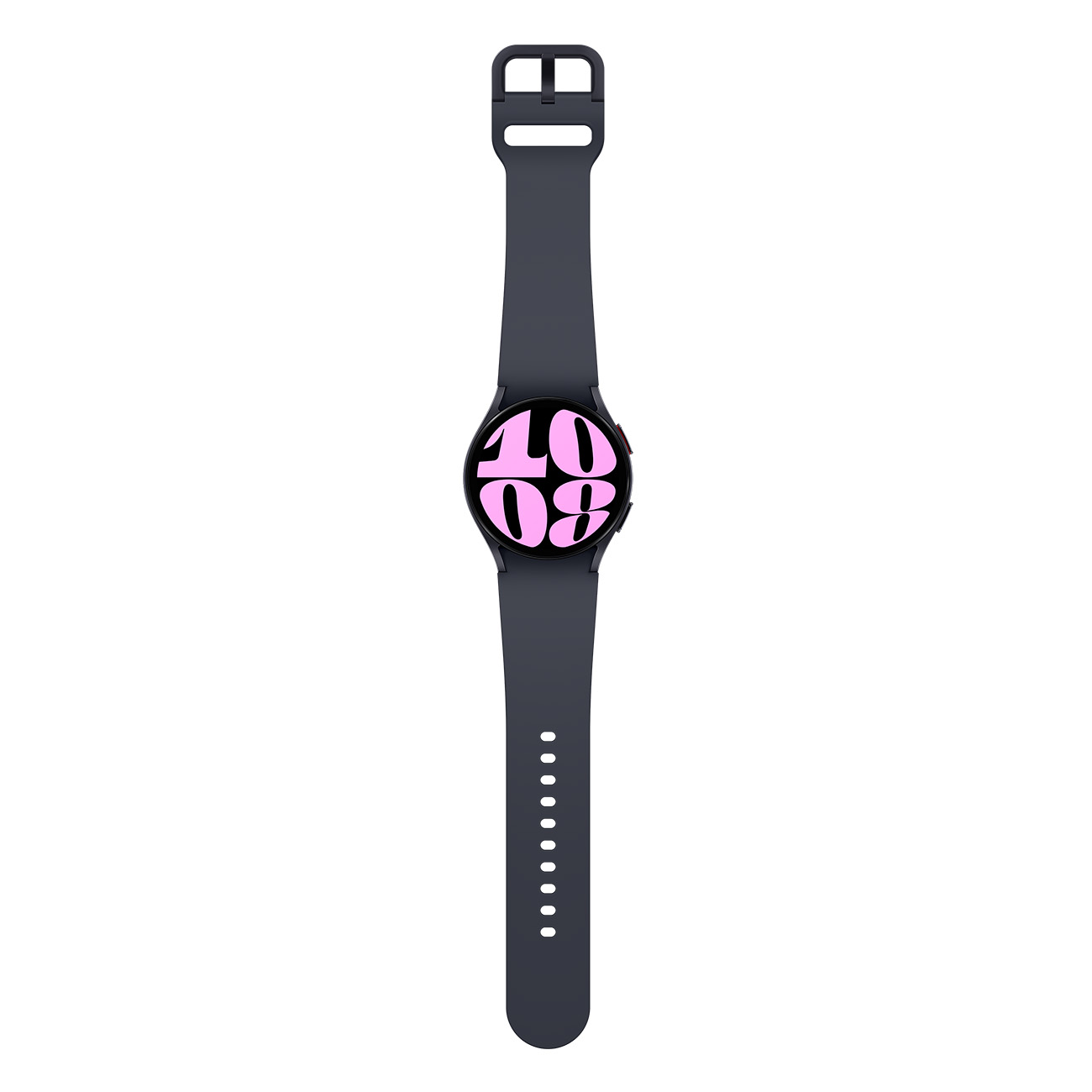 Dunkelgraue Smartwatch mit pinkfarbenem Bildschirm, zeigt die Zeit. Schwarzes Armband.