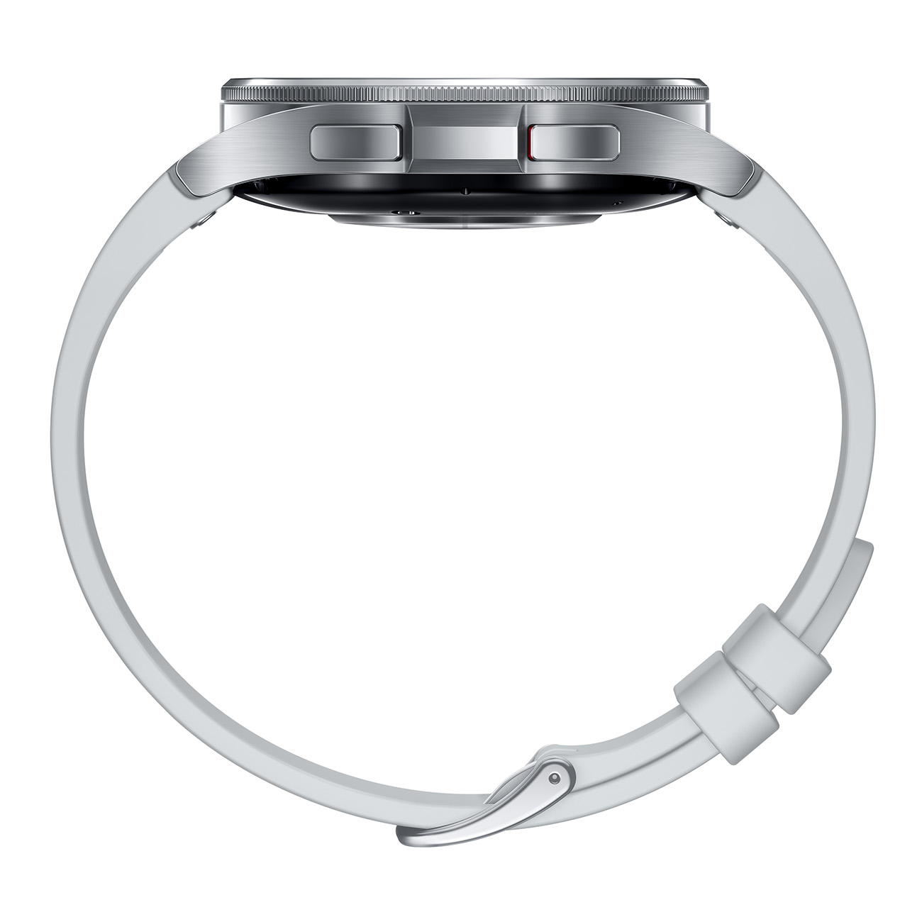 Zilveren smartwatch met witte band, zijaanzicht, knoppen zichtbaar.