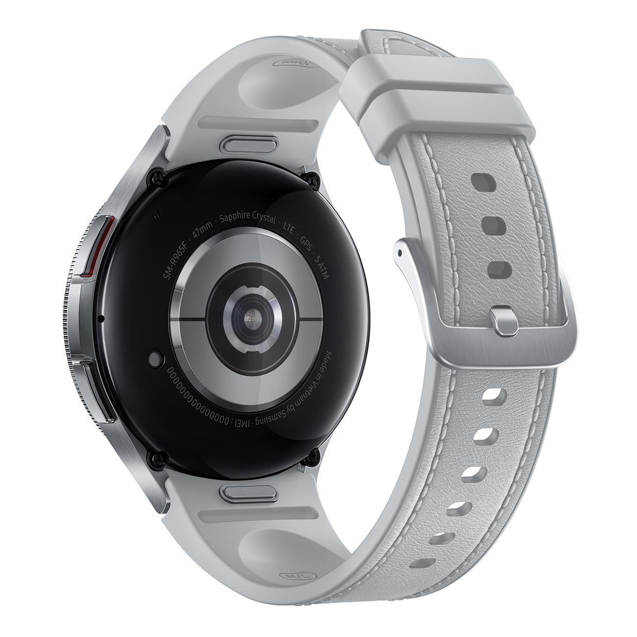 Zilveren smartwatch met witte band. Achterkant zwart, toont details. Witte achtergrond.