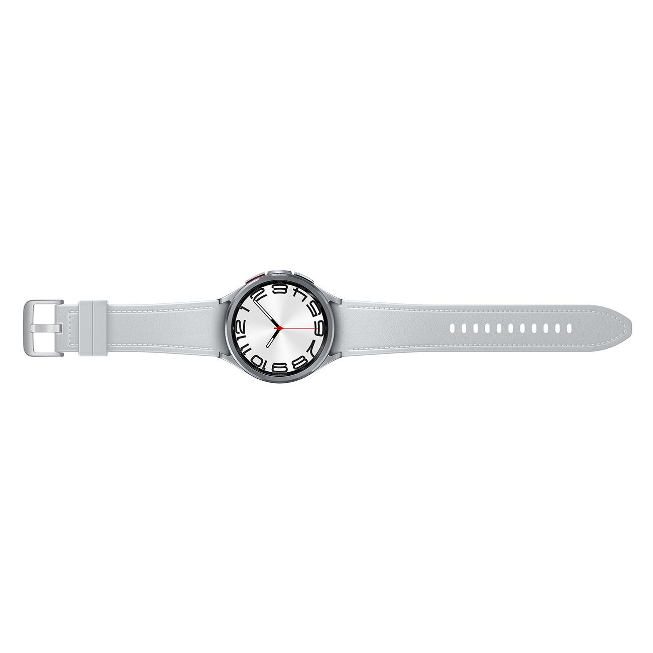 Zilveren smartwatch met lichtgrijze band, plat liggend. De horloge toont de tijd.