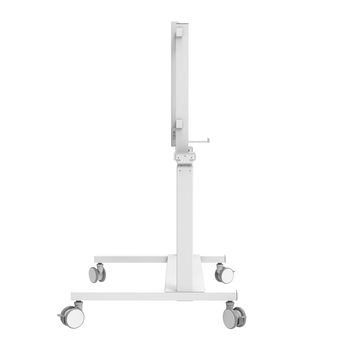 Weißer, rollender Ständer für ein Display, mit Stange und Rädern.