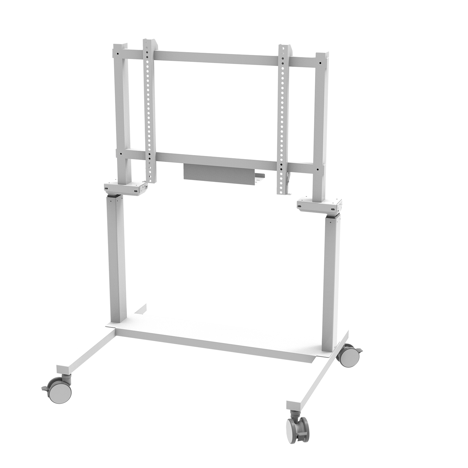 Weißer TV-Ständer mit Rädern. Metallrahmen, hält einen Fernseher. Sauberes und modernes Design.