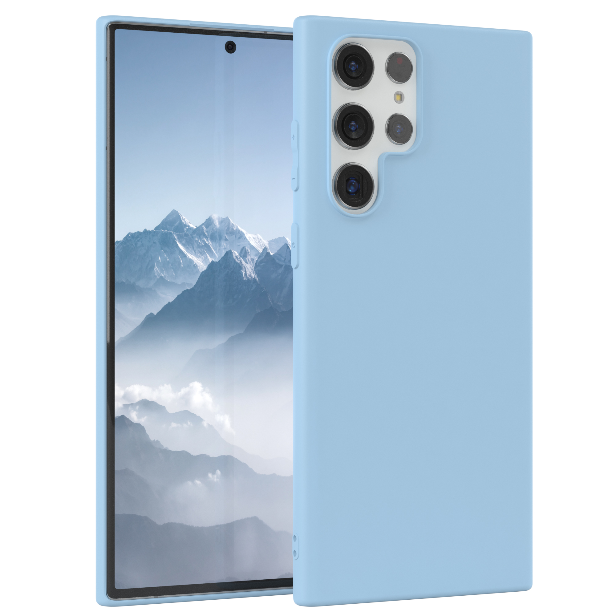 Hellblaues Smartphone mit Hülle. Das Telefon hat eine Kameraerhöhung.