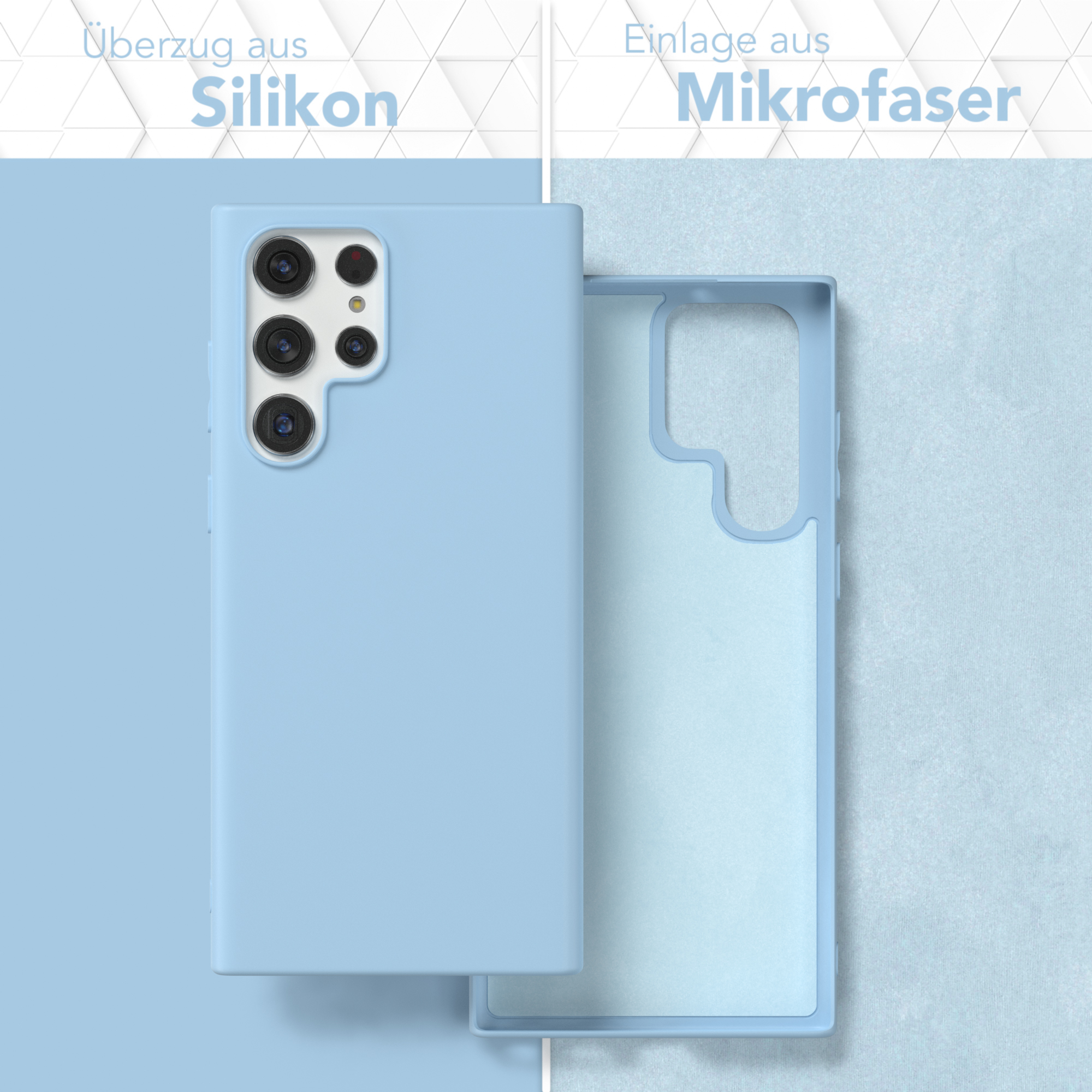 Hellblaue Handyhülle und Mikrofaser-Innenraum. Text auf Deutsch: Silikon und Mikrofaser.