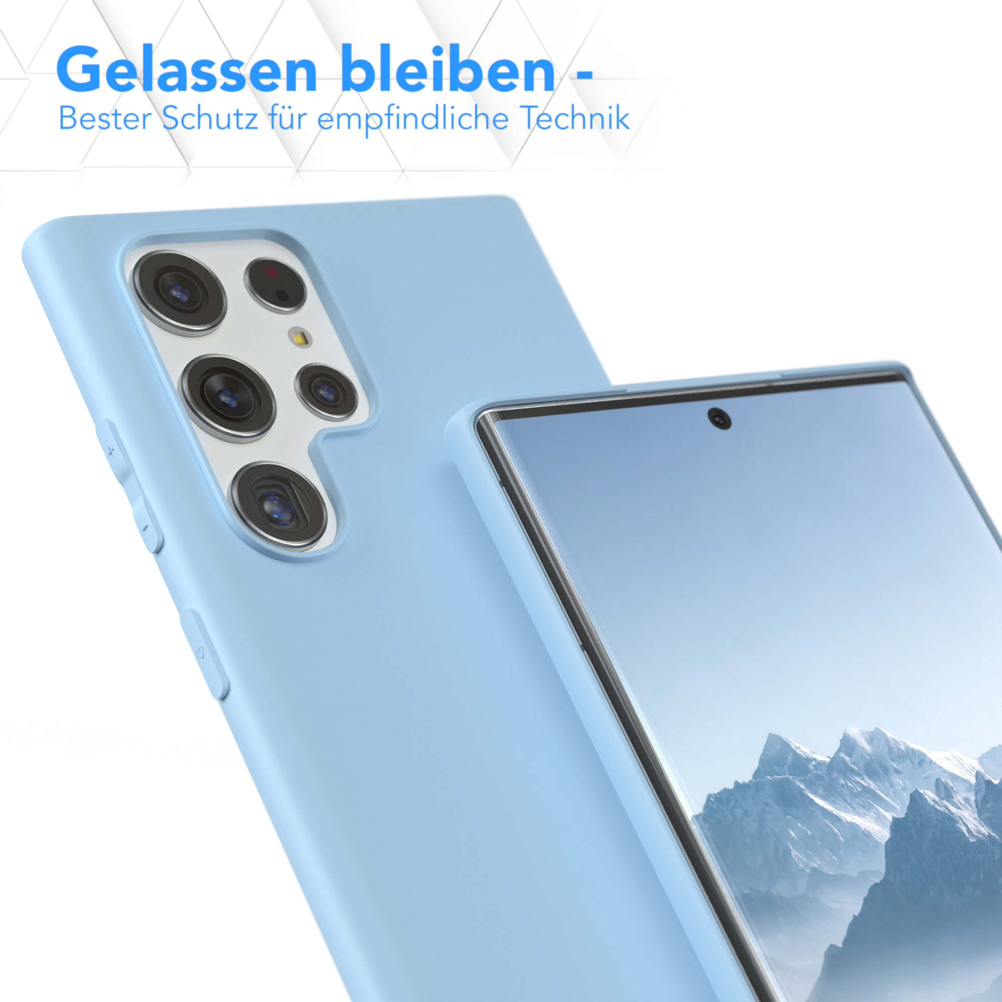 Hellblaue Handyhülle mit Telefon, auf weißem Untergrund.