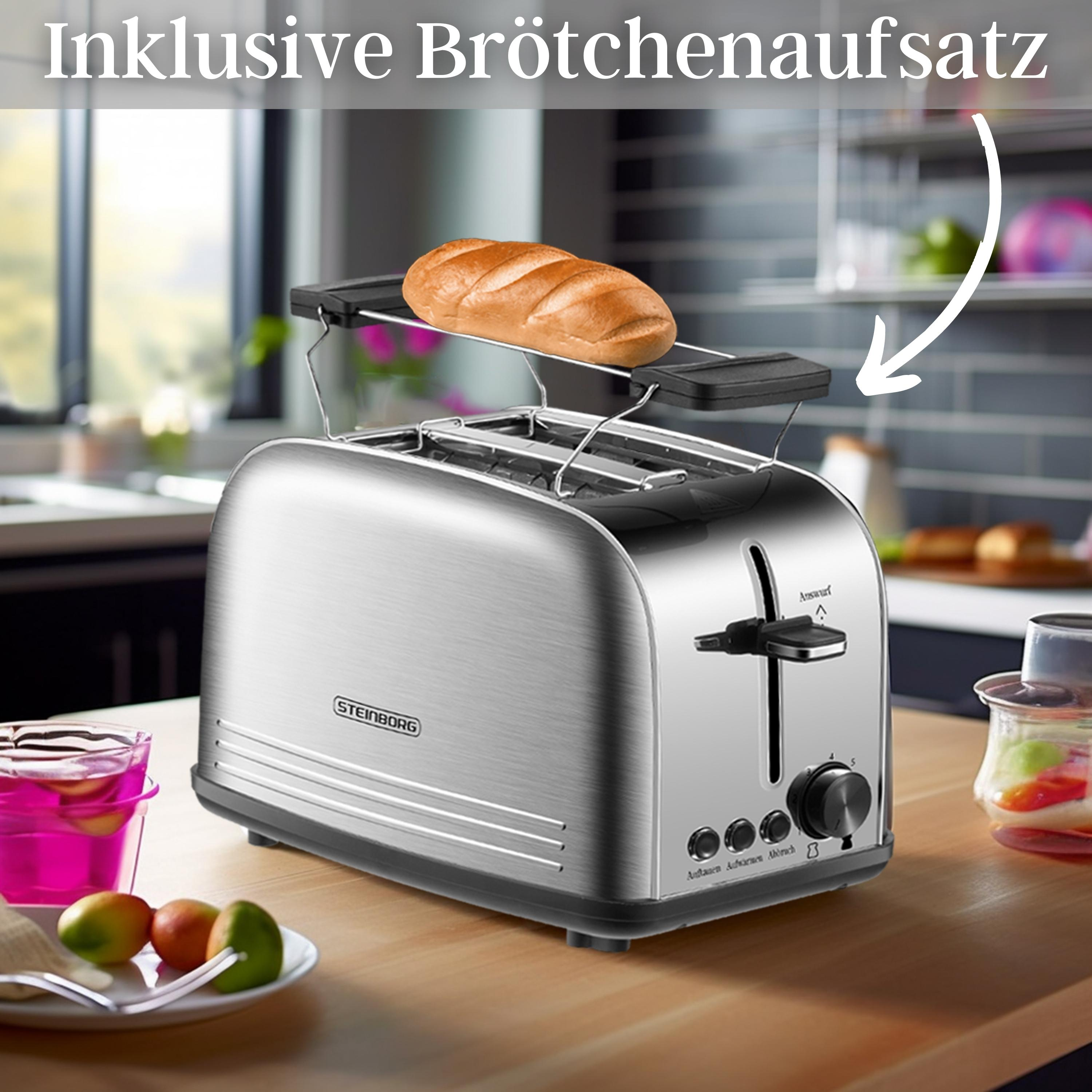Ein silberner Toaster mit Brot oben drauf. Text oben im Bild. Weißer Hintergrund.