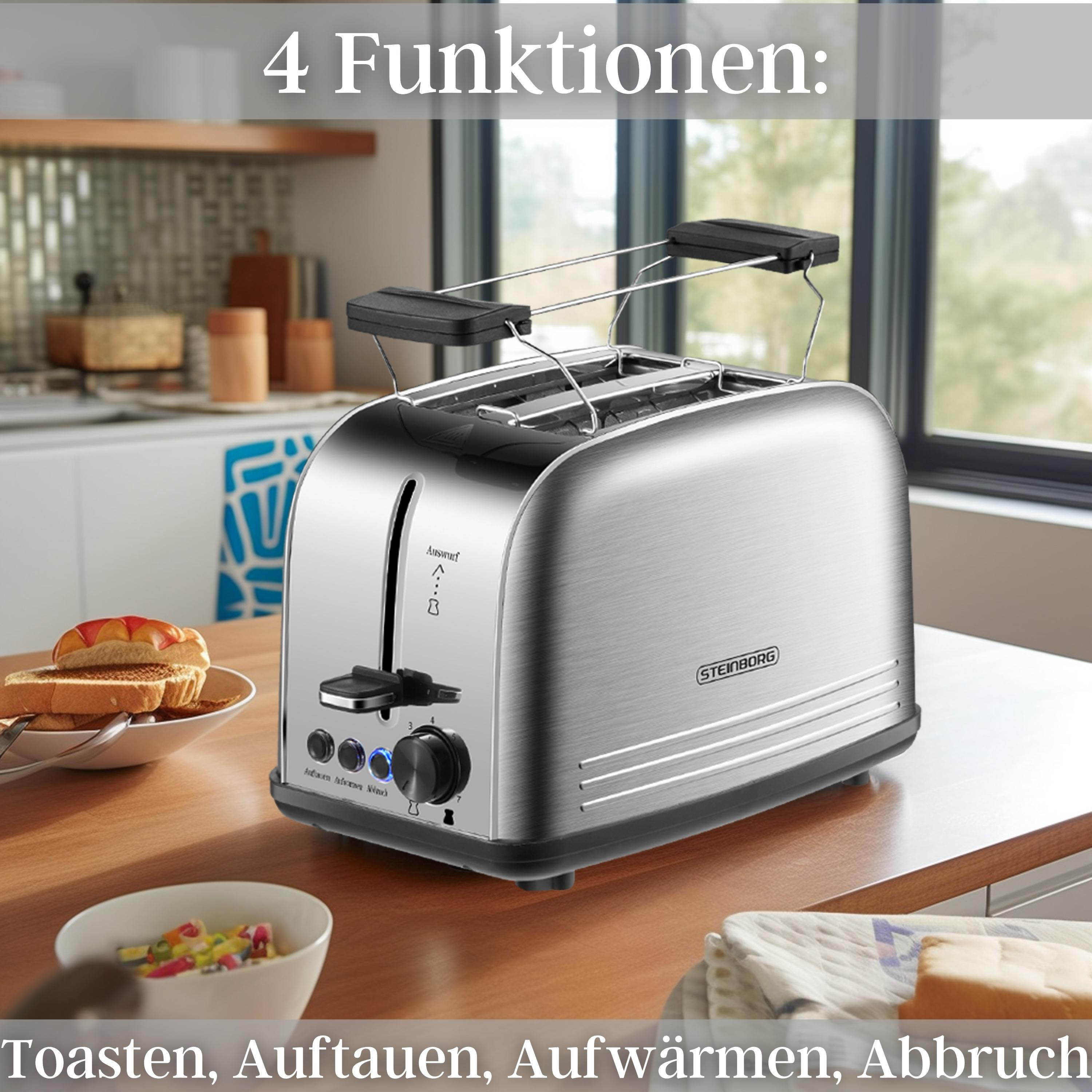 Ein Chrom-Toaster mit Brot darin, eine Schüssel mit Essen. Texte auf Deutsch.