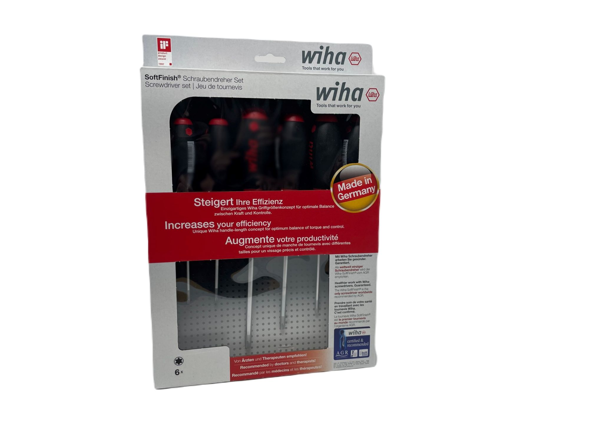 Zestaw śrubokrętów w pudełku, z tekstem i białym tłem.