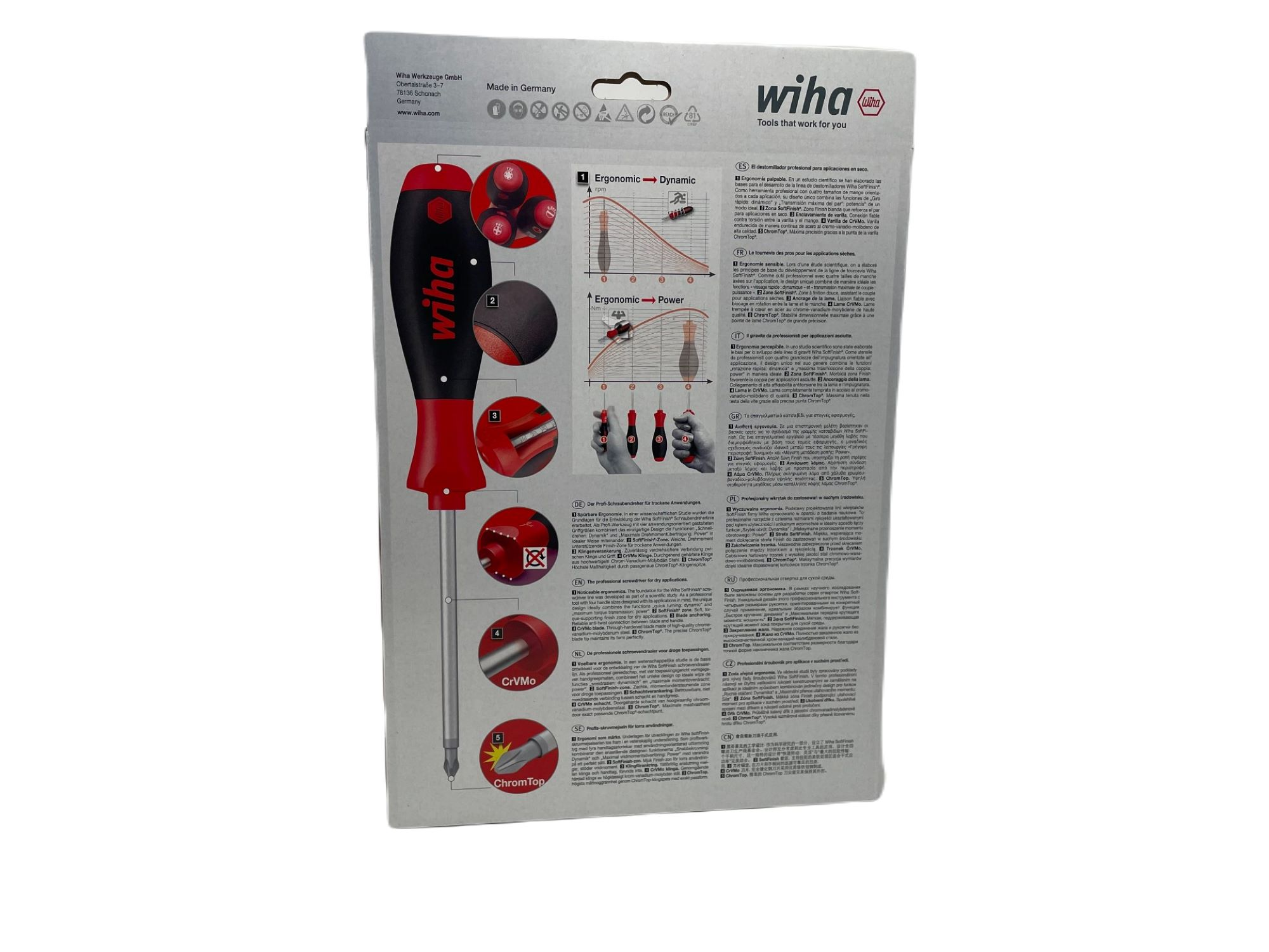 Tył opakowania śrubokręta. Opakowanie zawiera tekst i grafikę ilustrującą cechy narzędzia.