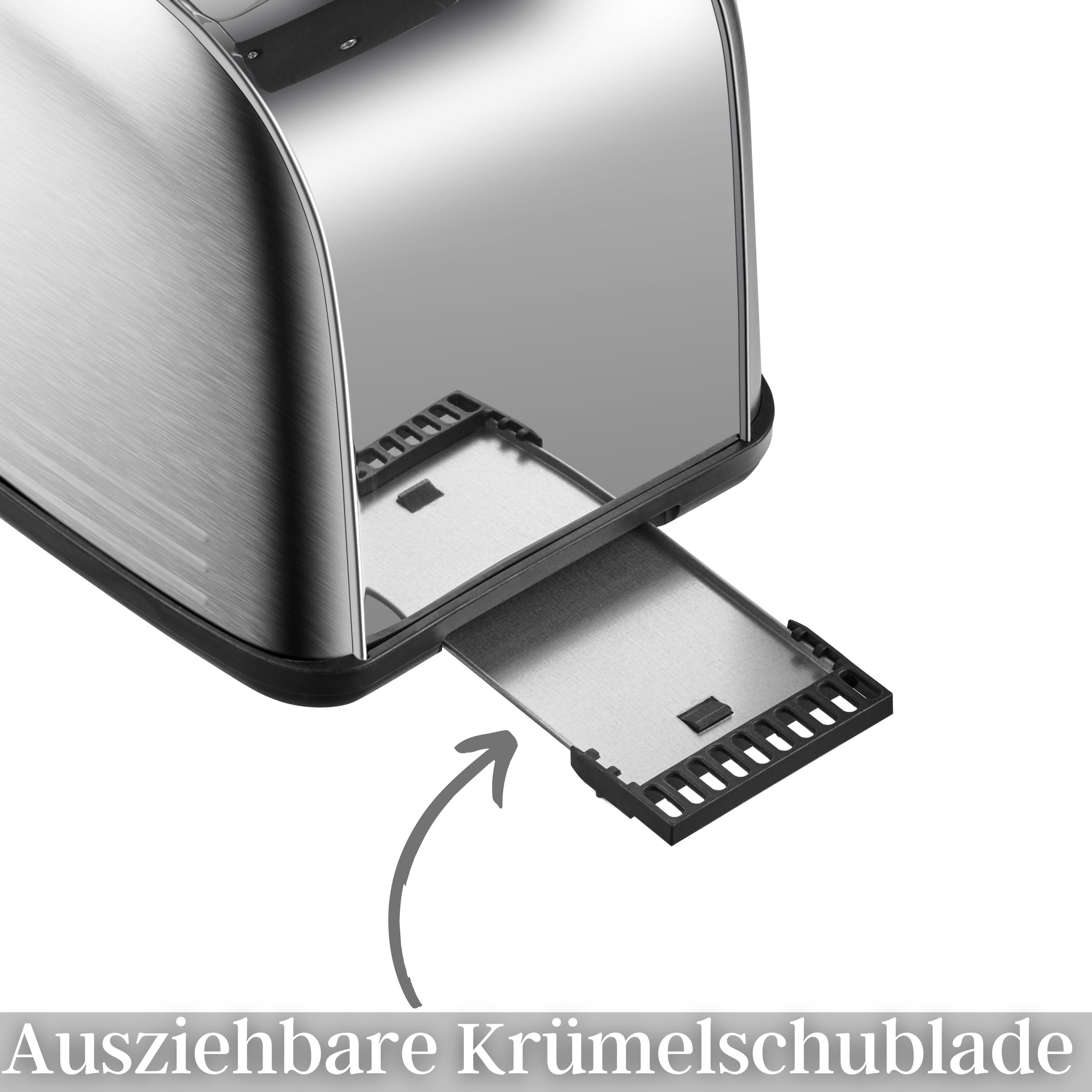 Glänzender Toaster aus Edelstahl mit herausgezogener Krümelschublade. Schwarze Akzente. Weißer Hintergrund.