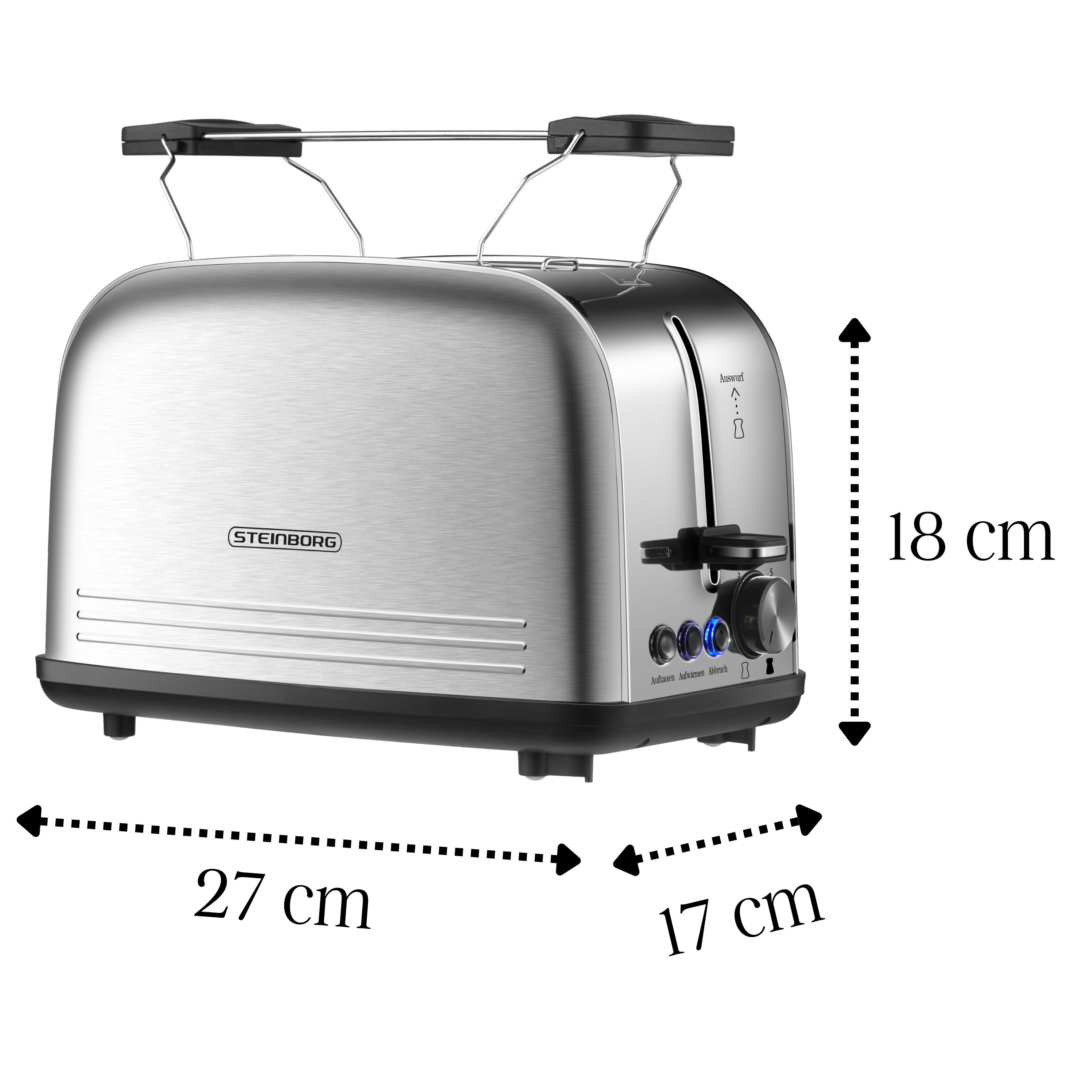 Silberner Toaster mit den Maßen 27x17x18 cm, Markenname ist Steinborg.