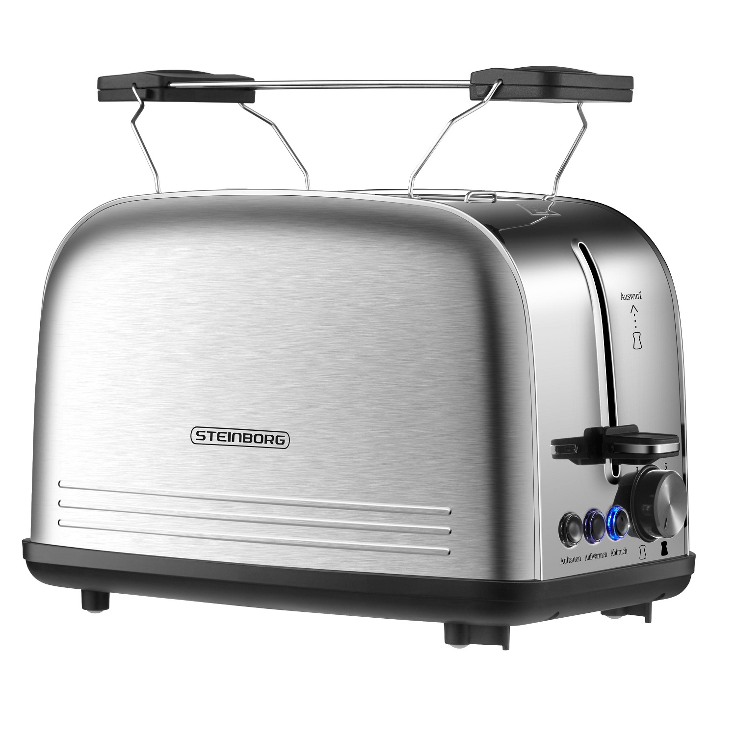 Silber-schwarzer Toaster. Bedienelemente an der Seite. Zwei Schlitze für Brot.