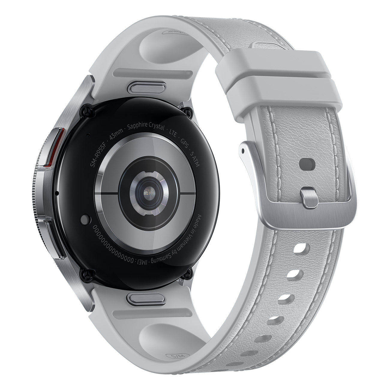 Uno smartwatch argentato, con cinturino bianco. Il retro mostra dettagli, inclusi sensori.