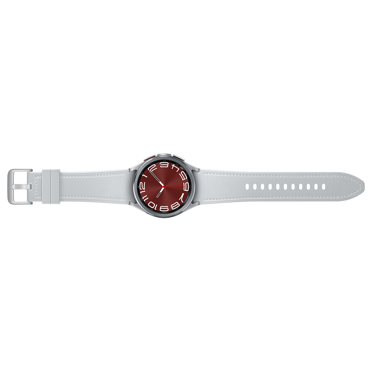 Uno smartwatch argentato con display rosso e cinturino grigio chiaro su una superficie bianca.