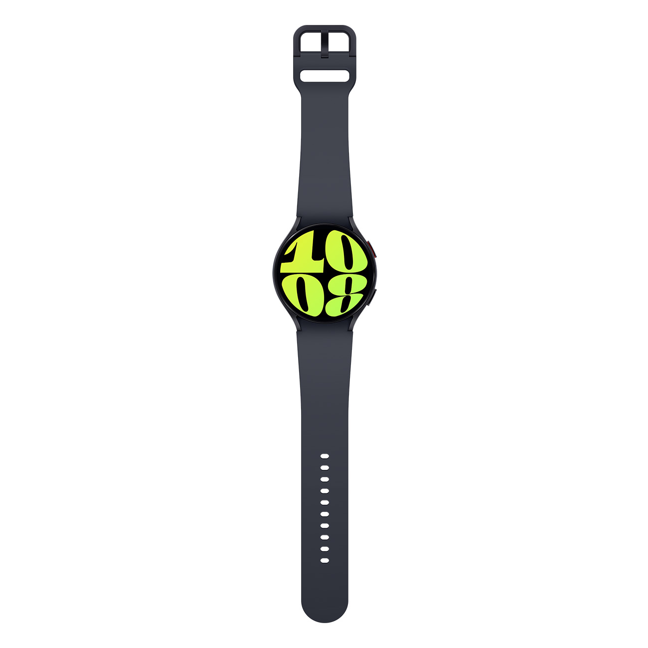 Schwarze Smartwatch mit neongrüner Anzeige, die die Zeit anzeigt.