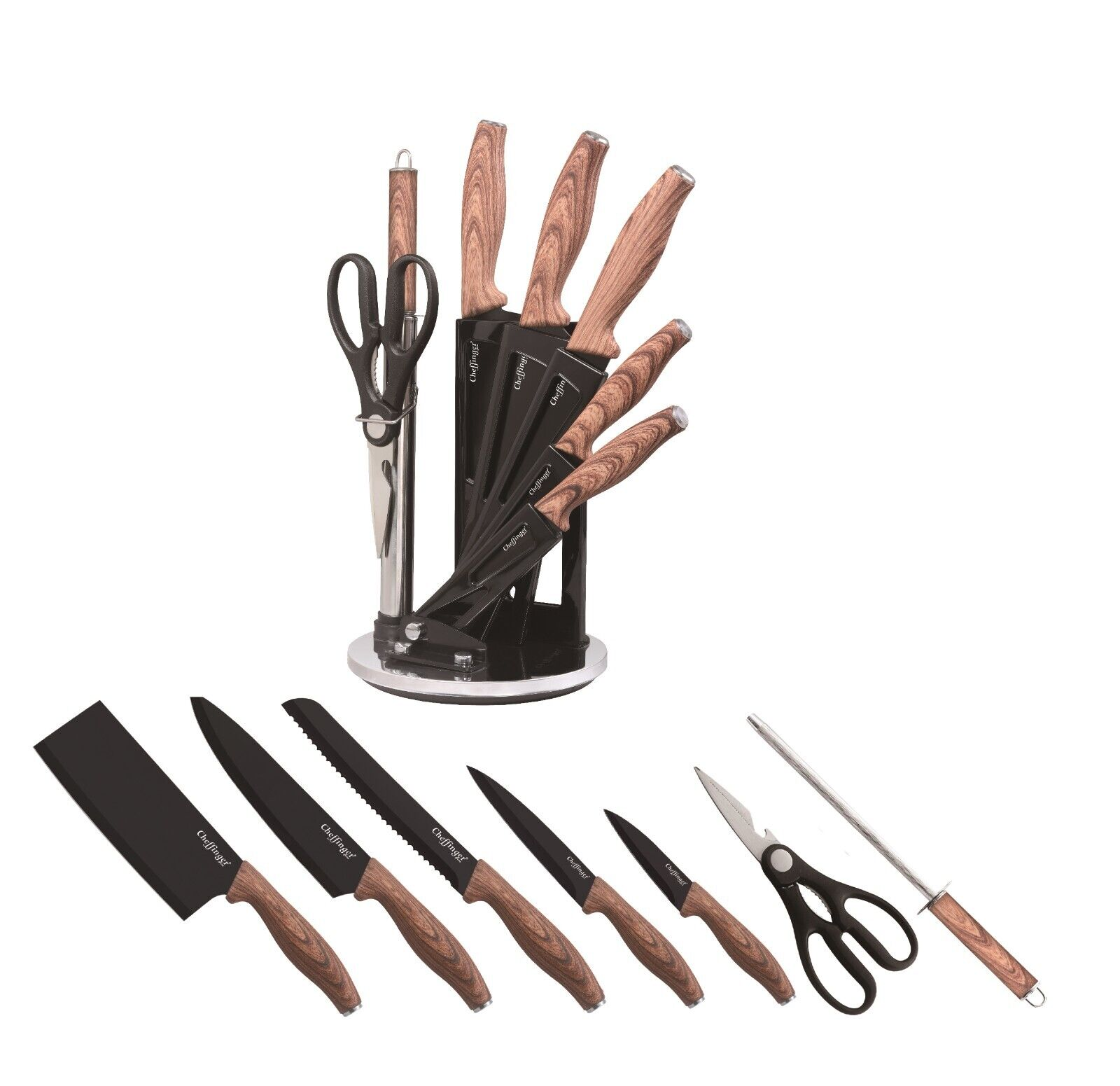Ein Satz Küchenmesser in einem Halter, mit Schere und einem Messerschärfer. Messer haben Holzgriffe.