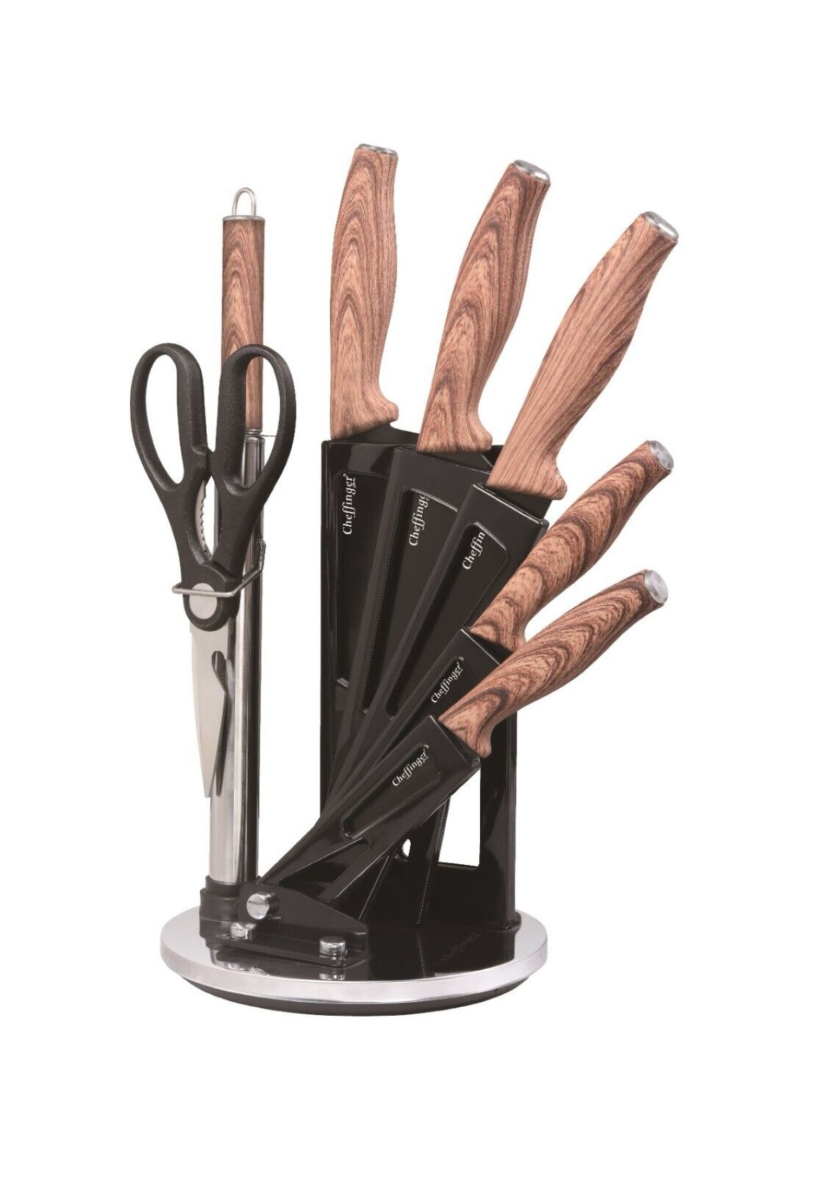 Küchenmesser-Set in einem schwarzen Ständer. Die Griffe sind holzmaseriert; Schere enthalten.