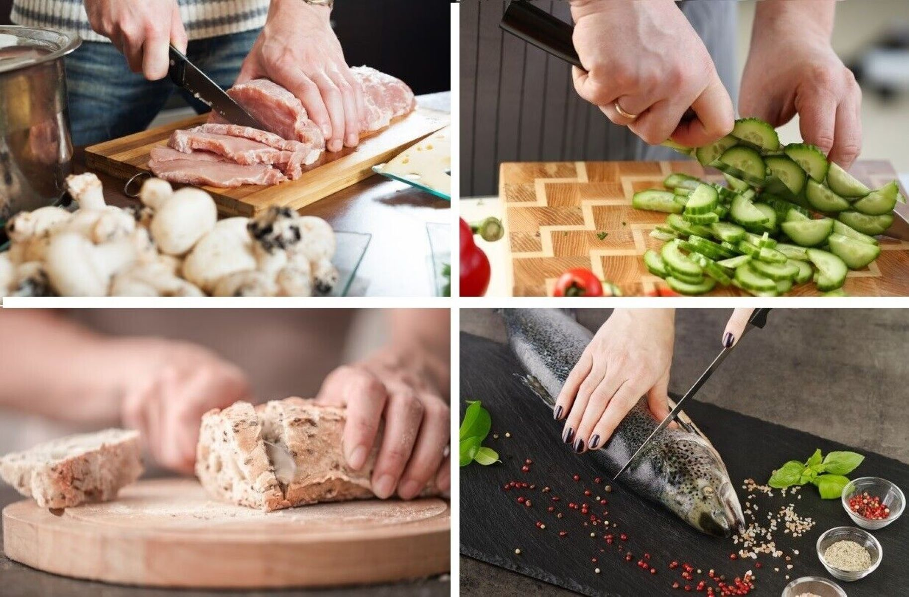 Vier Bilder von verschiedenen Lebensmitteln, die mit einem Messer geschnitten werden. Fleisch, Gurken, Brot und Fisch.