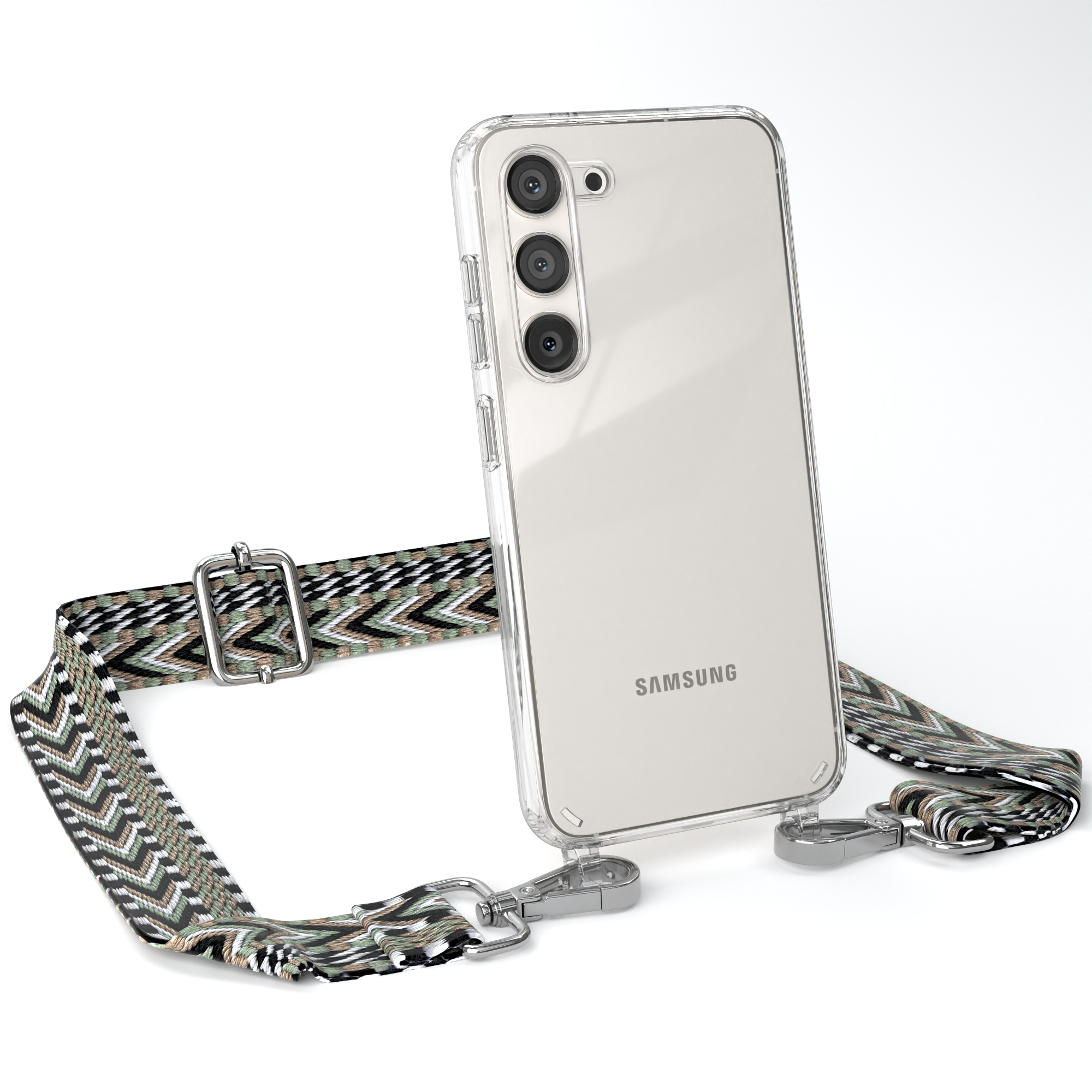Transparente Handyhülle mit gemustertem Gurt, Telefon und Metallverschlüssen.