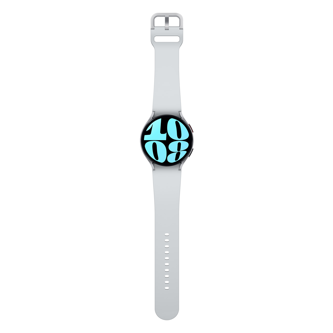 Zilveren smartwatch met een ronde wijzerplaat die de tijd weergeeft. Grijze band met gaten en een gesp.