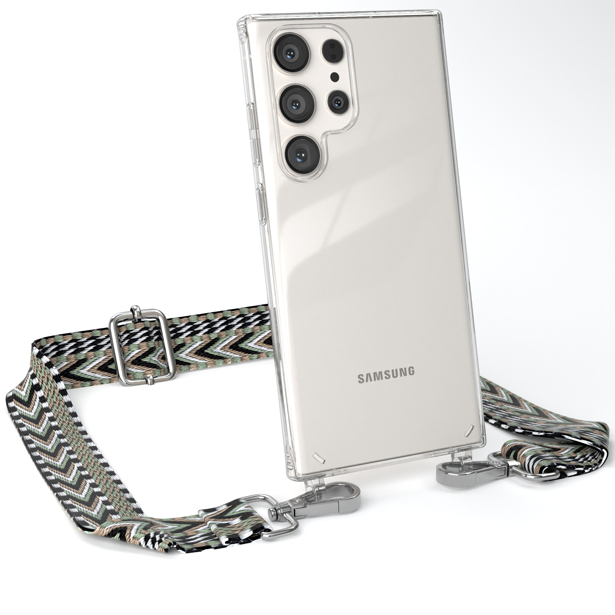 Transparente Handyhülle mit Band, auf weißem Hintergrund. Das Telefon ist sichtbar.