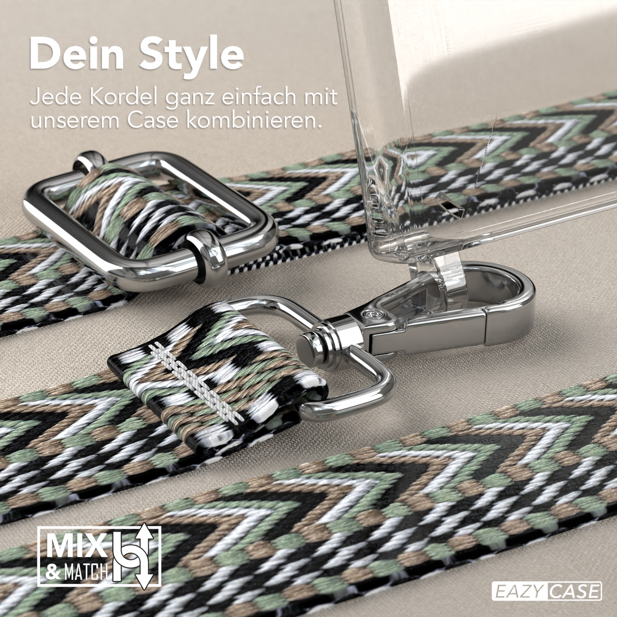 Nahaufnahme von Handyband-Teilen. Ein Band mit grünen, schwarzen und weißen Mustern und silberner Hardware.