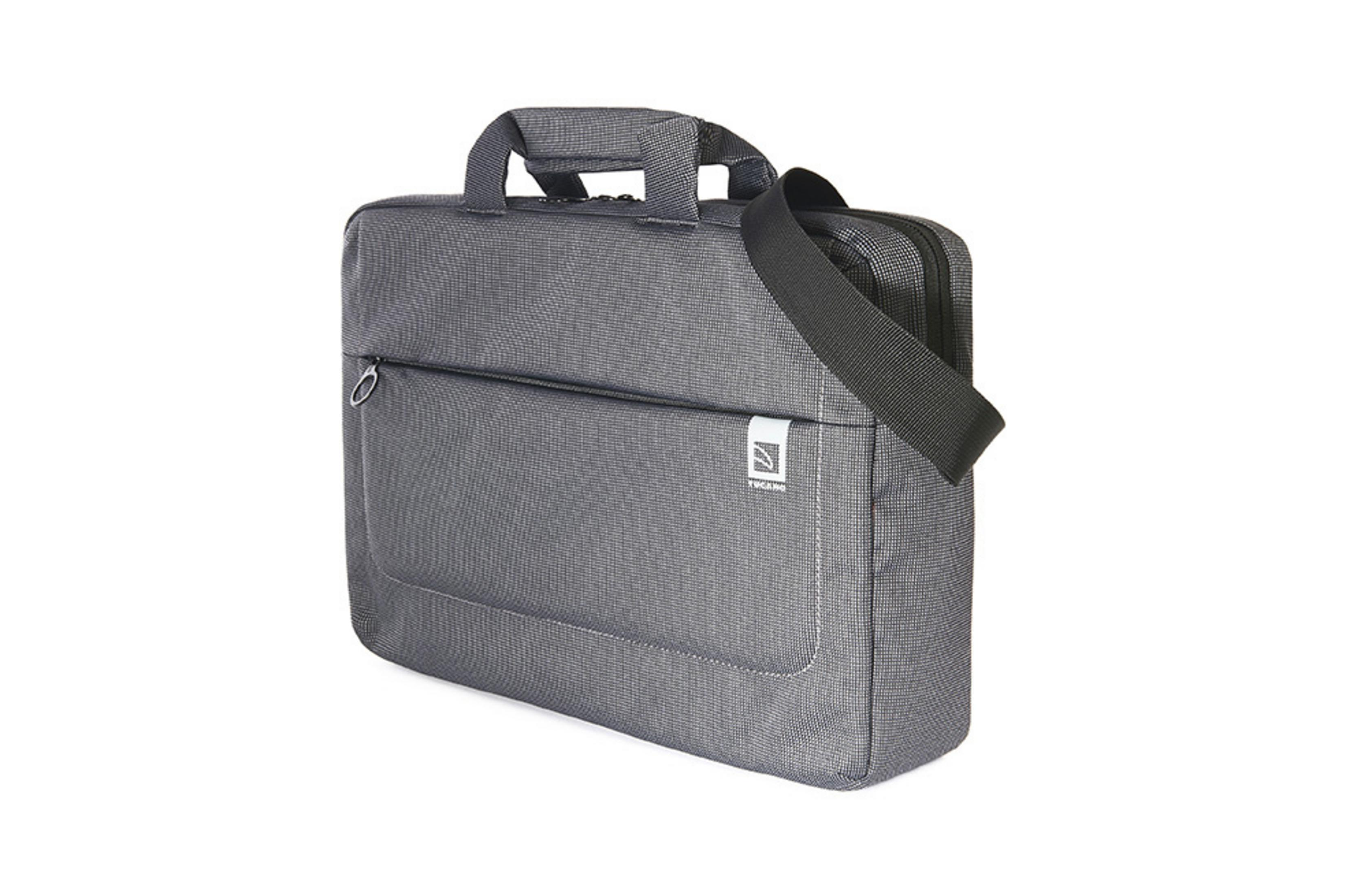 Una borsa grigia per laptop con tracolla, tasca con zip e manico.