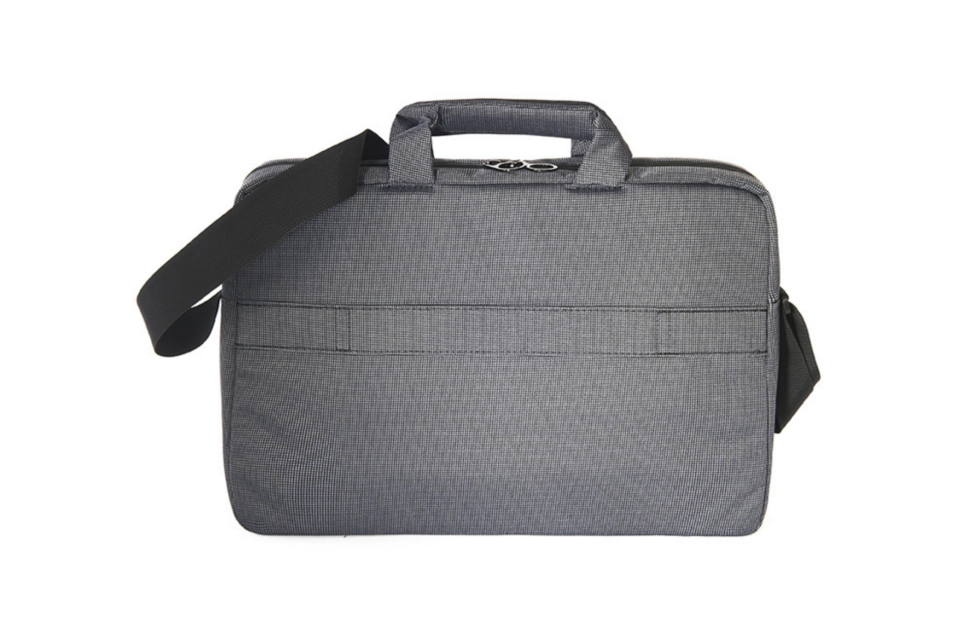 Borsa grigia per laptop con manico e tracolla, isolata su sfondo bianco.