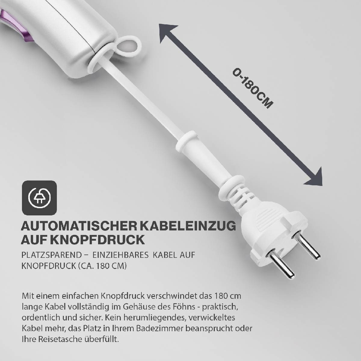 Biała suszarka do włosów z chowanym kablem i wtyczką z tekstem o funkcji.
