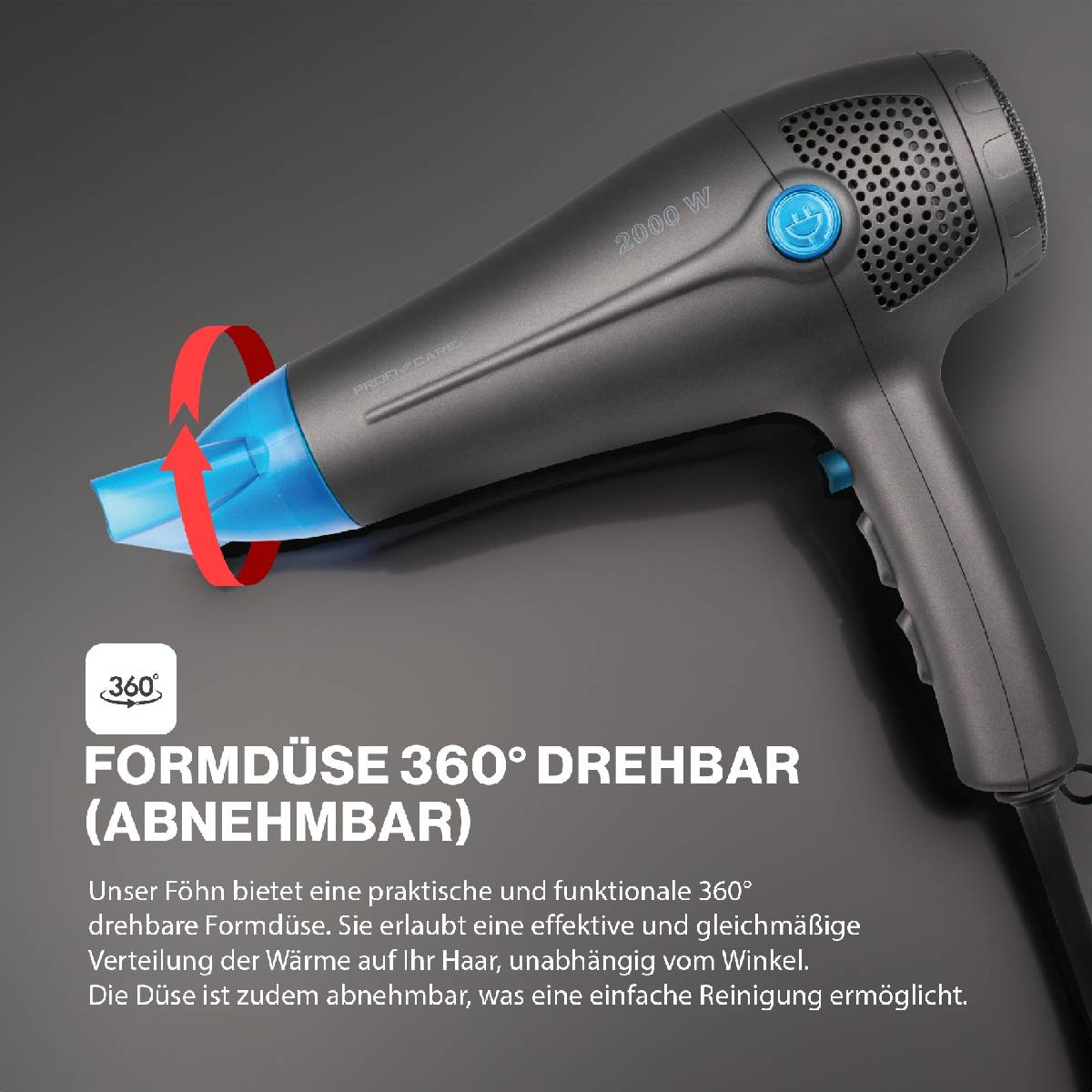 Czarna suszarka do włosów z niebieską dyszą i tekstem.